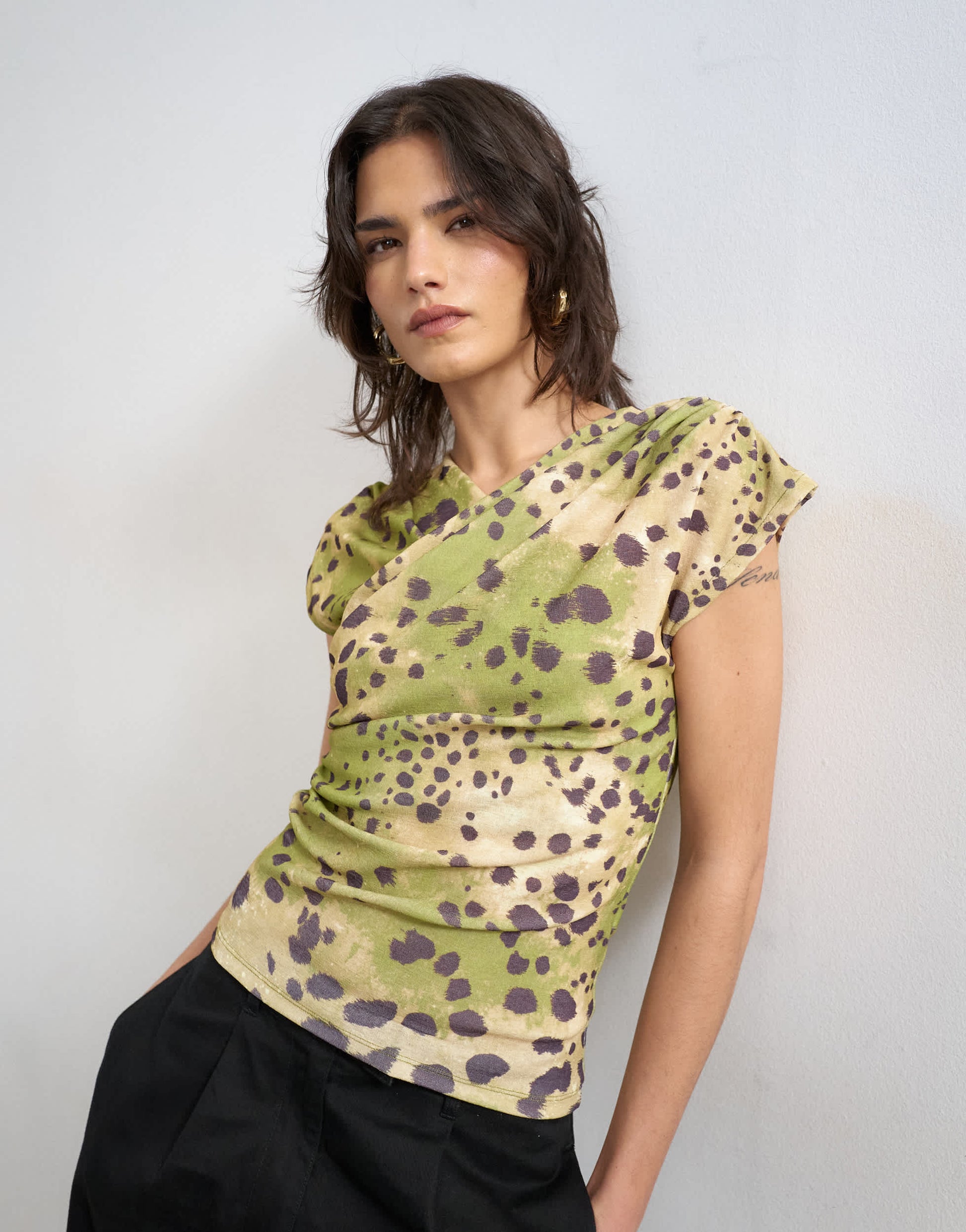 Topshop ruched detail wrap front short sleeve top in deer print