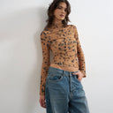 Topshop mesh high neck ruffle button long sleeve top in deer print