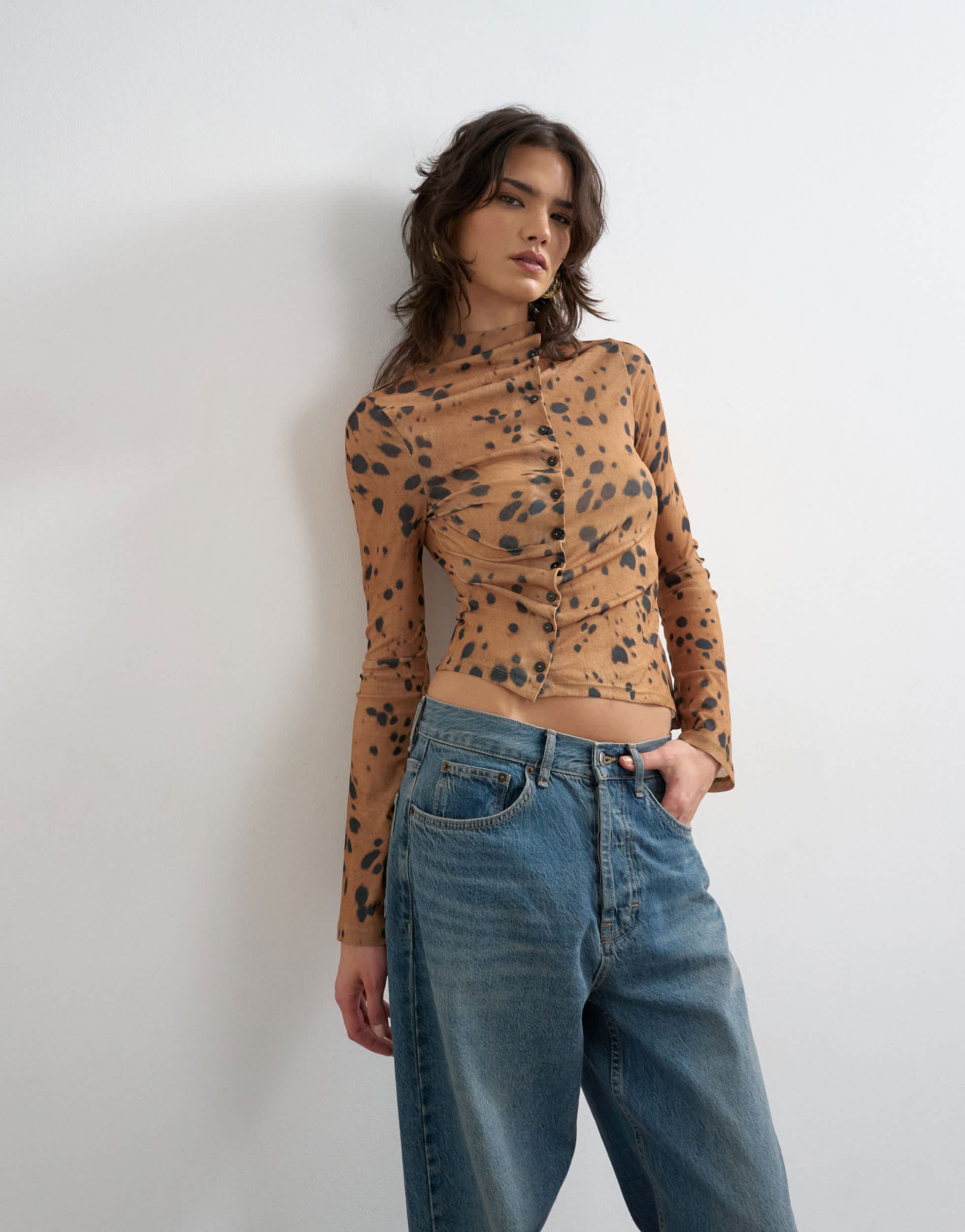 Topshop mesh high neck ruffle button long sleeve top in deer print