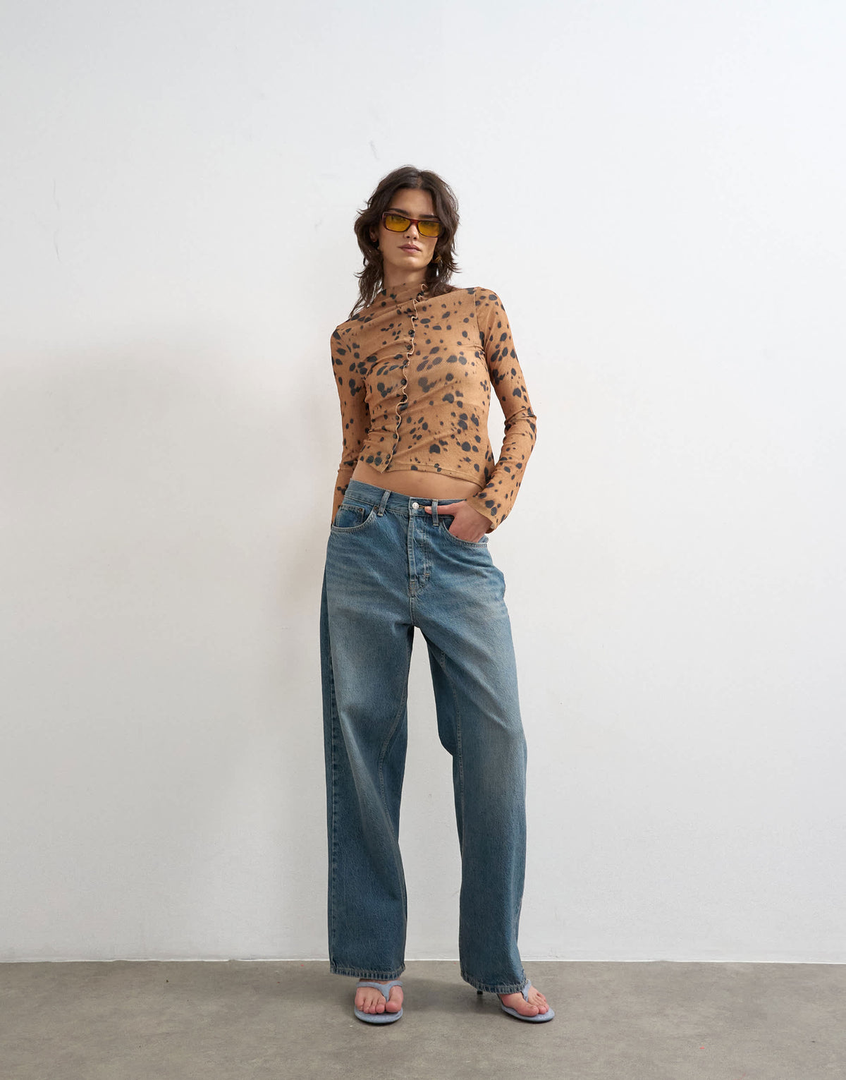 Topshop mesh high neck ruffle button long sleeve top in deer print