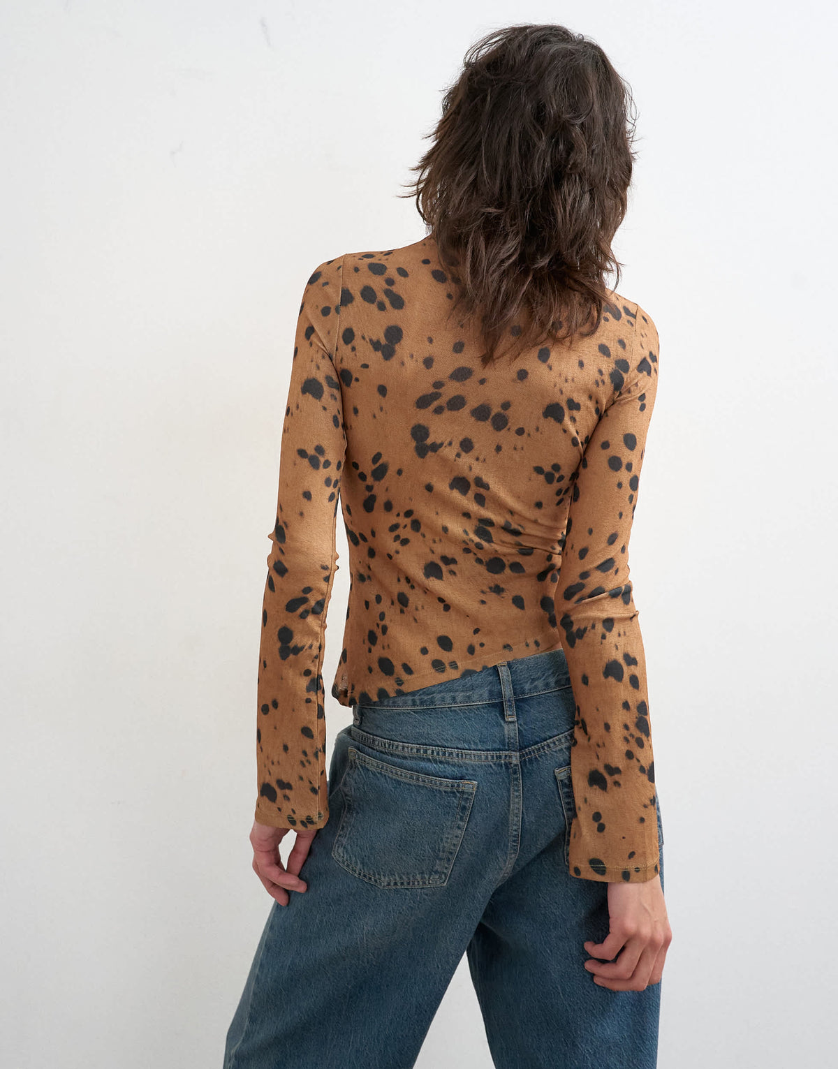 Topshop mesh high neck ruffle button long sleeve top in deer print
