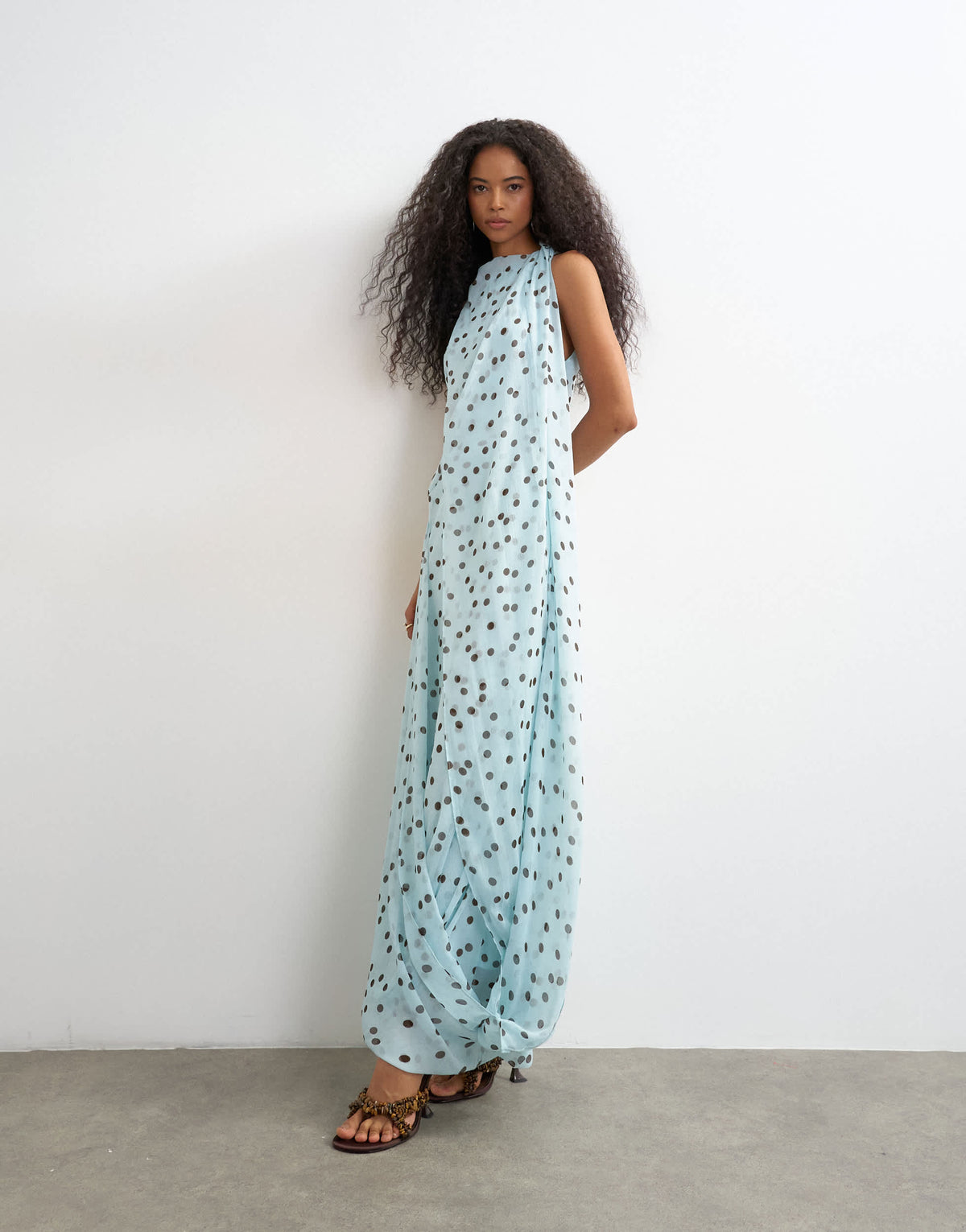 Topshop draped hem chiffon midi occasion dress in blue and chocolate polka dot print