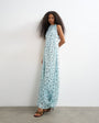 Topshop draped hem chiffon midi occasion dress in blue and chocolate polka dot print