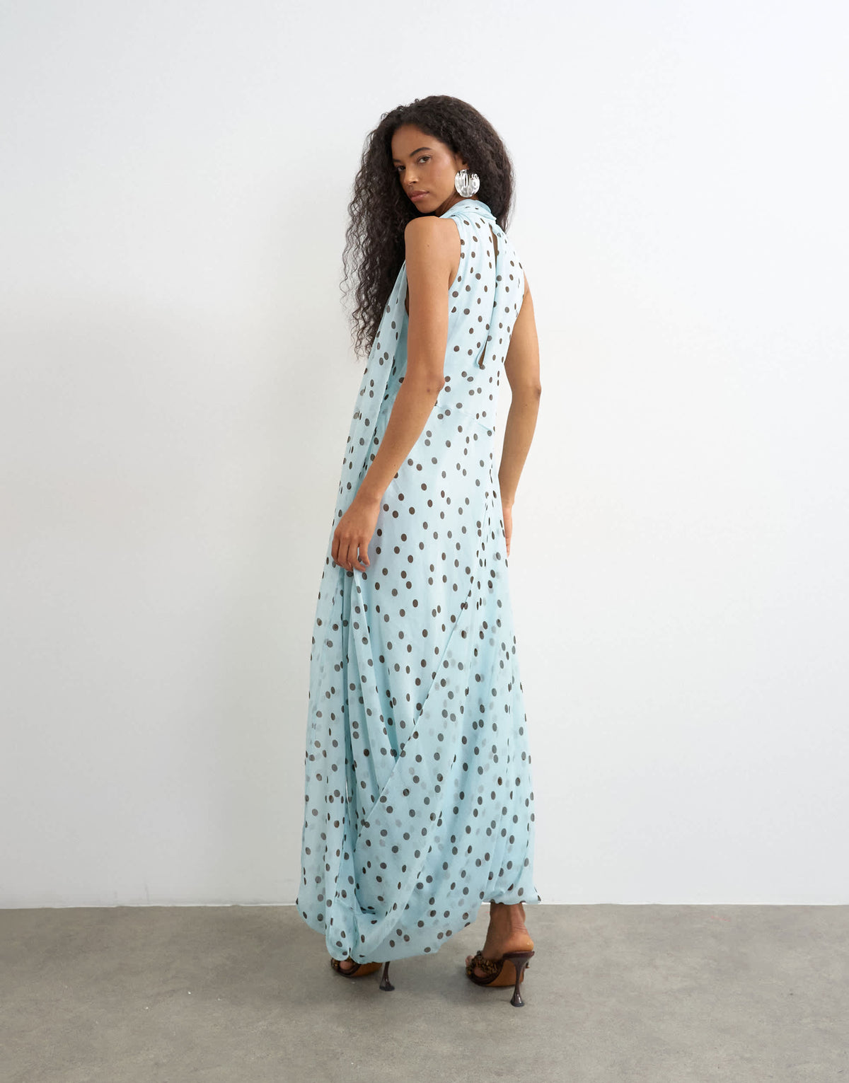 Topshop draped hem chiffon midi occasion dress in blue and chocolate polka dot print