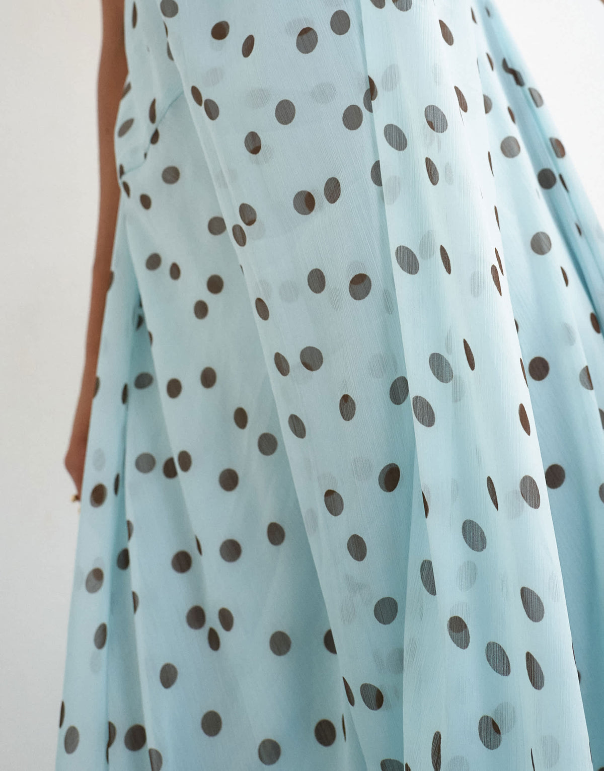 Topshop draped hem chiffon midi occasion dress in blue and chocolate polka dot print