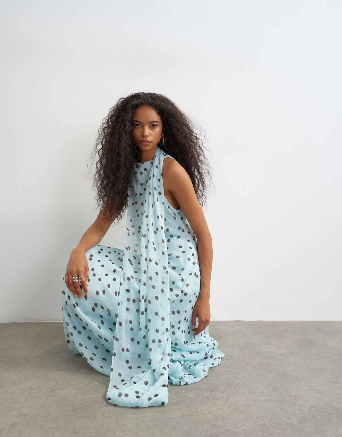 Topshop draped hem chiffon midi occasion dress in blue and chocolate polka dot print