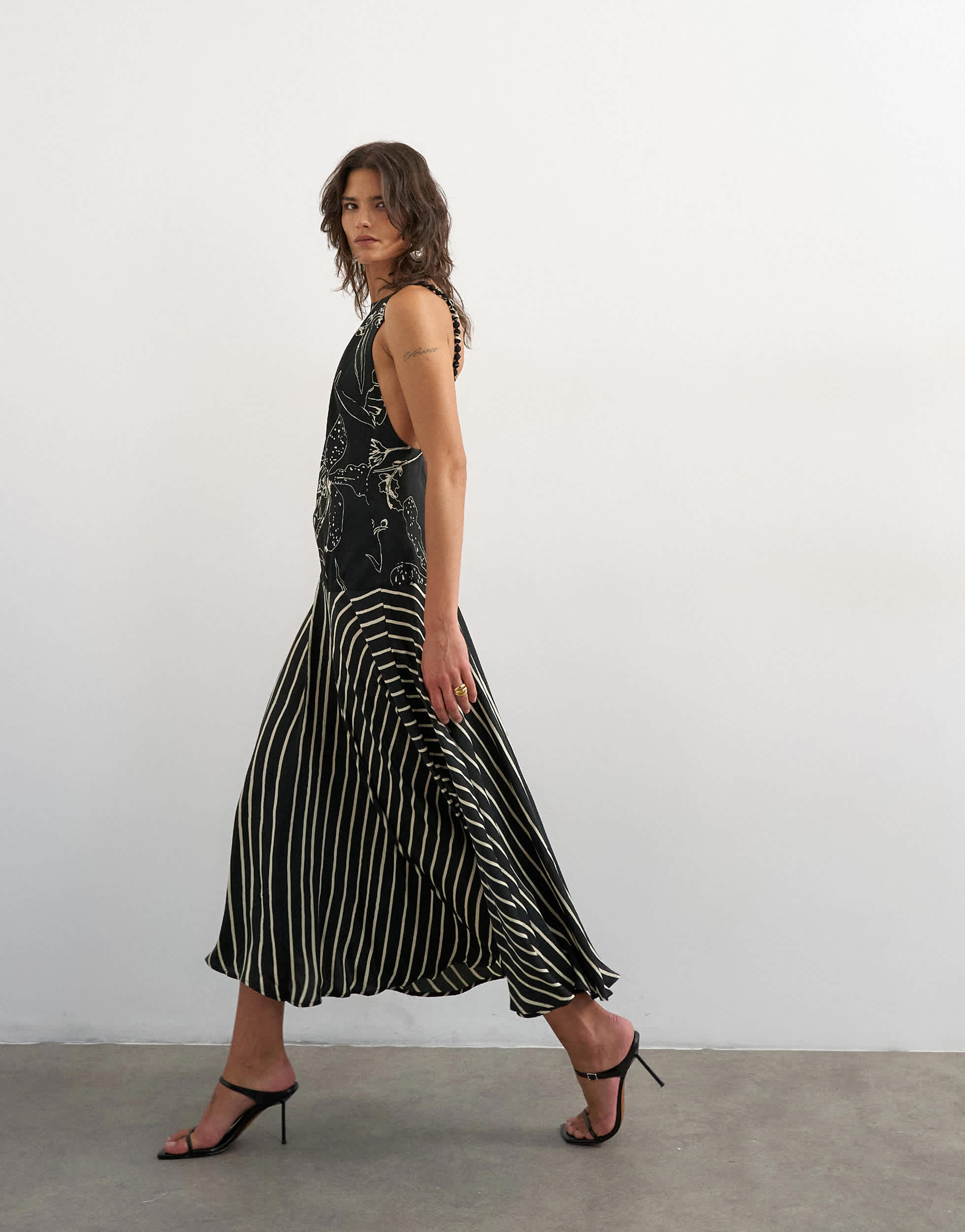 Topshop contrast print beaded strap maxi dress in black sketchy floral and stripe