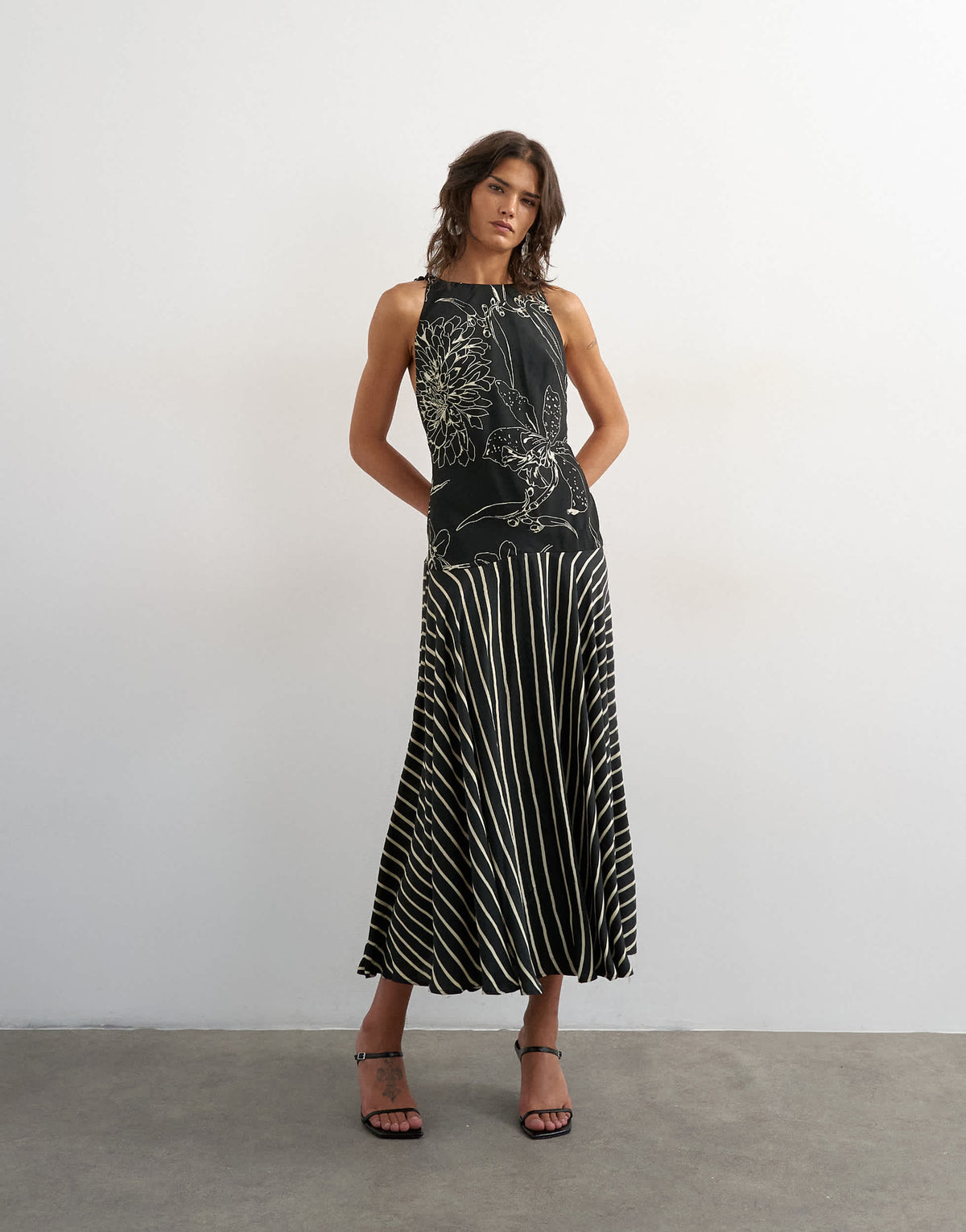 Topshop contrast print beaded strap maxi dress in black sketchy floral and stripe