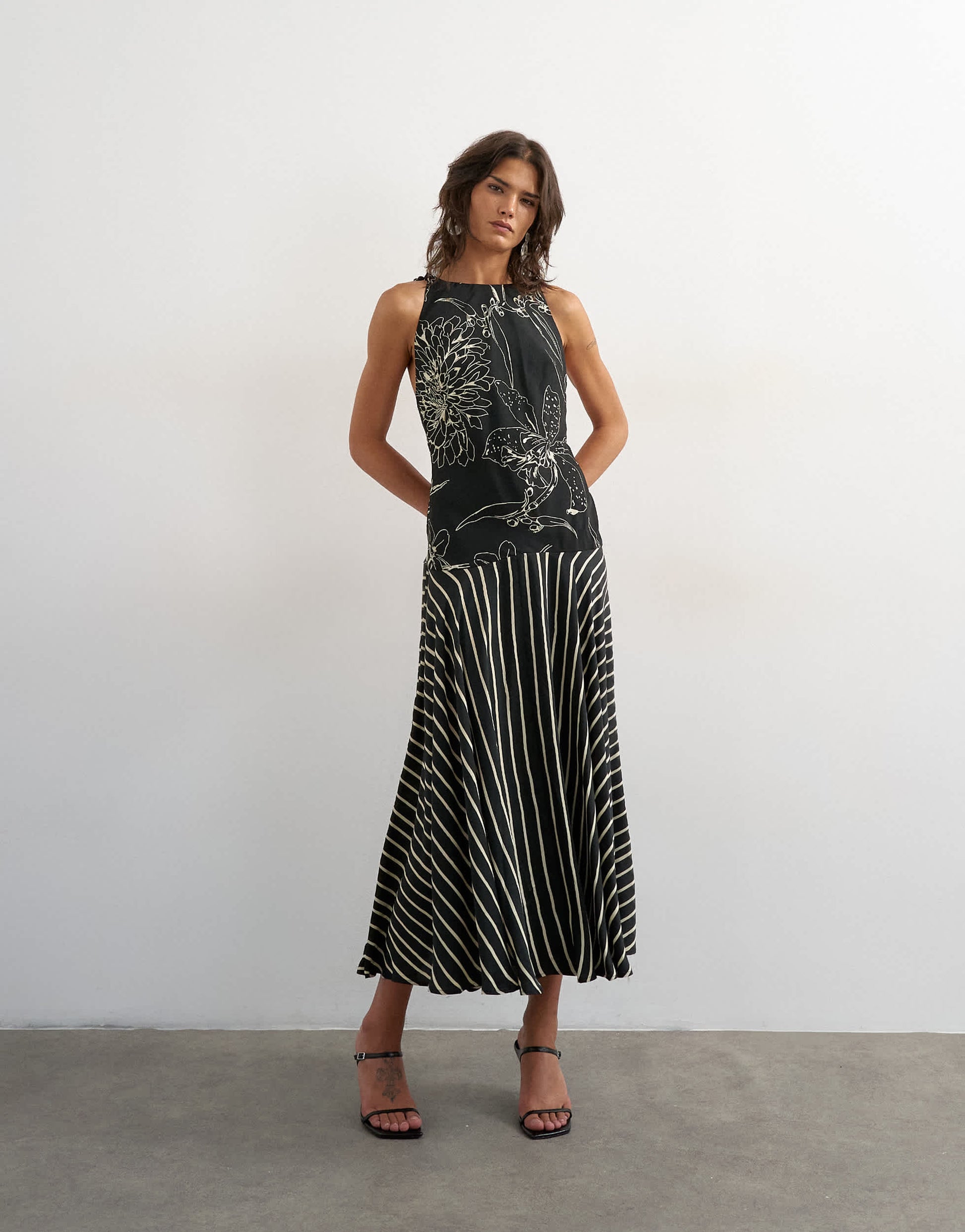 Topshop contrast print beaded strap maxi dress in black sketchy floral and stripe