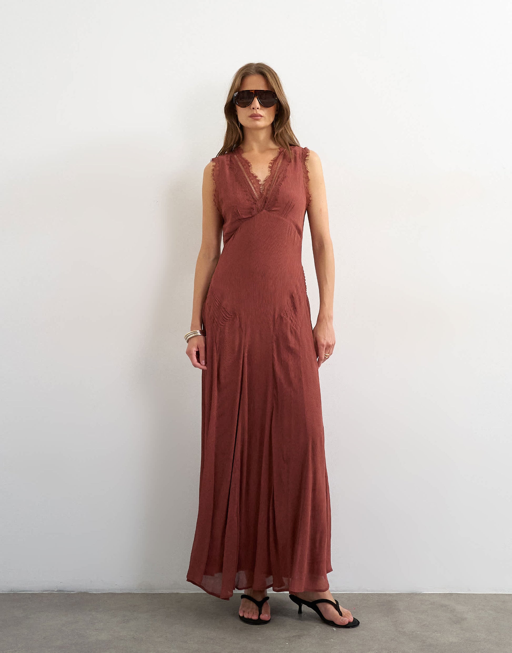 Topshop premium viscose lace insert pintucked maxi tea dress in rust