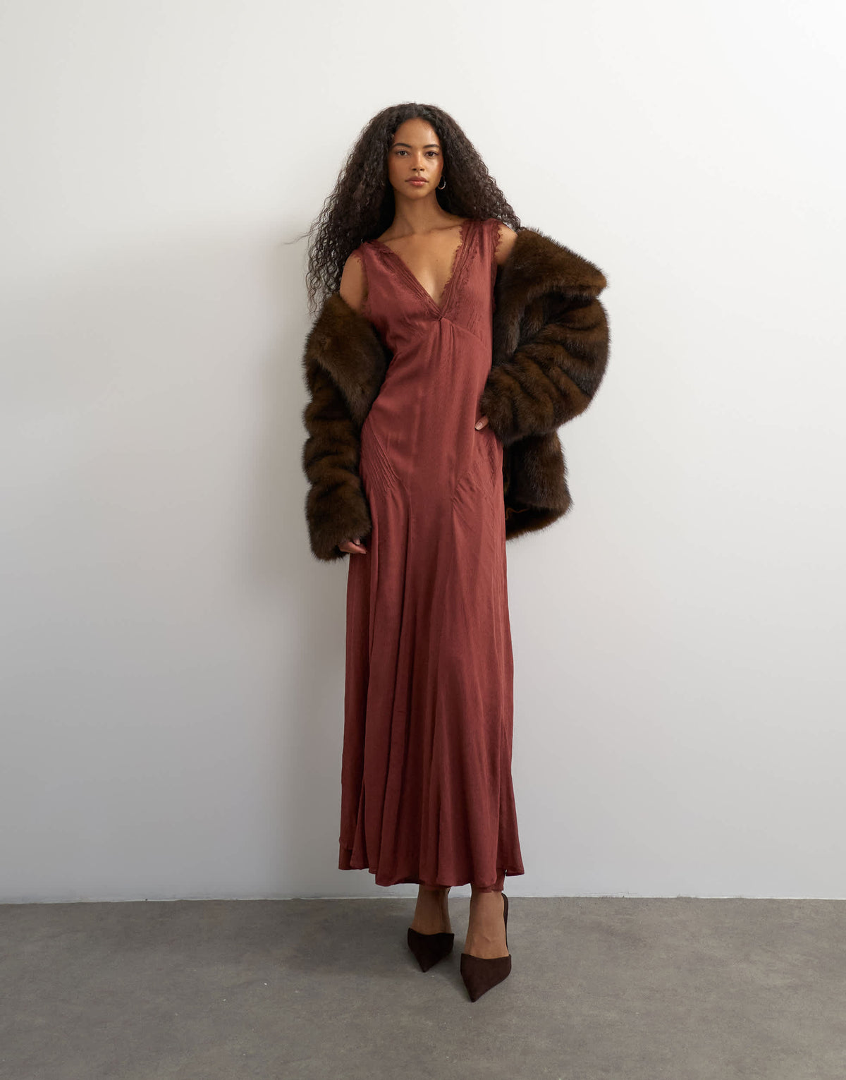 Topshop premium viscose lace insert pintucked maxi tea dress in rust