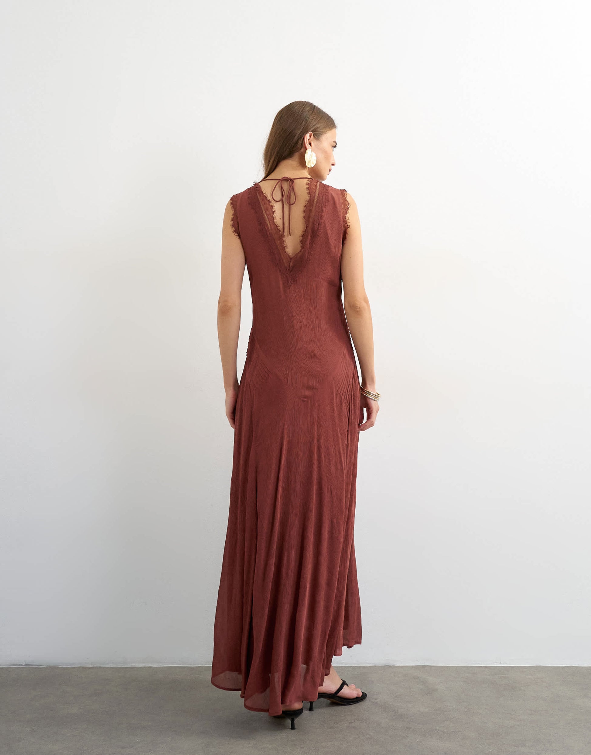 Topshop premium viscose lace insert pintucked maxi tea dress in rust