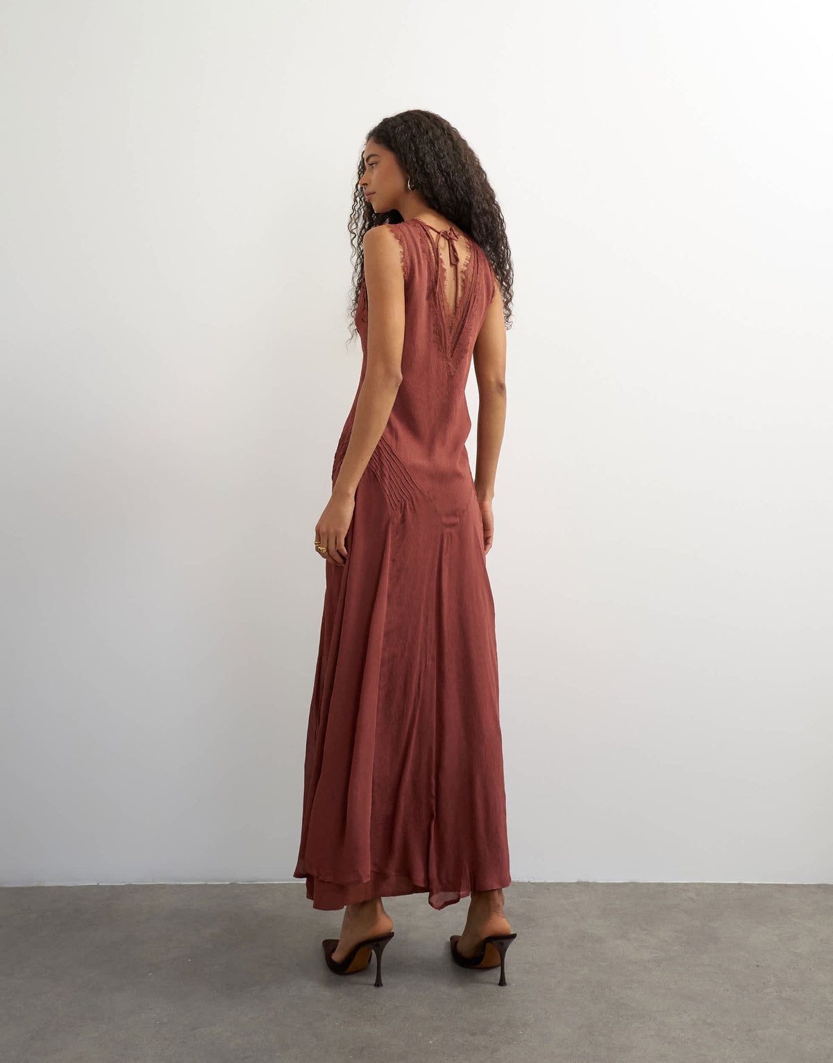 Topshop premium viscose lace insert pintucked maxi tea dress in rust