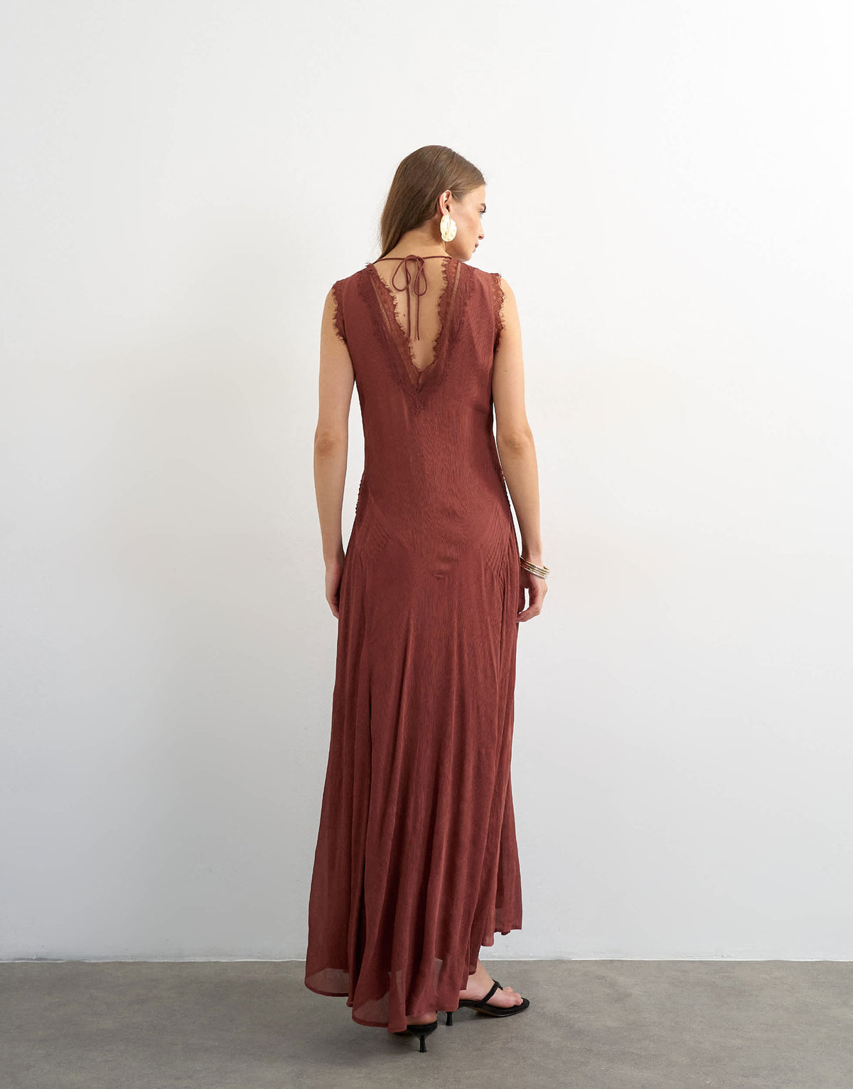 Topshop premium viscose lace insert pintucked maxi tea dress in rust