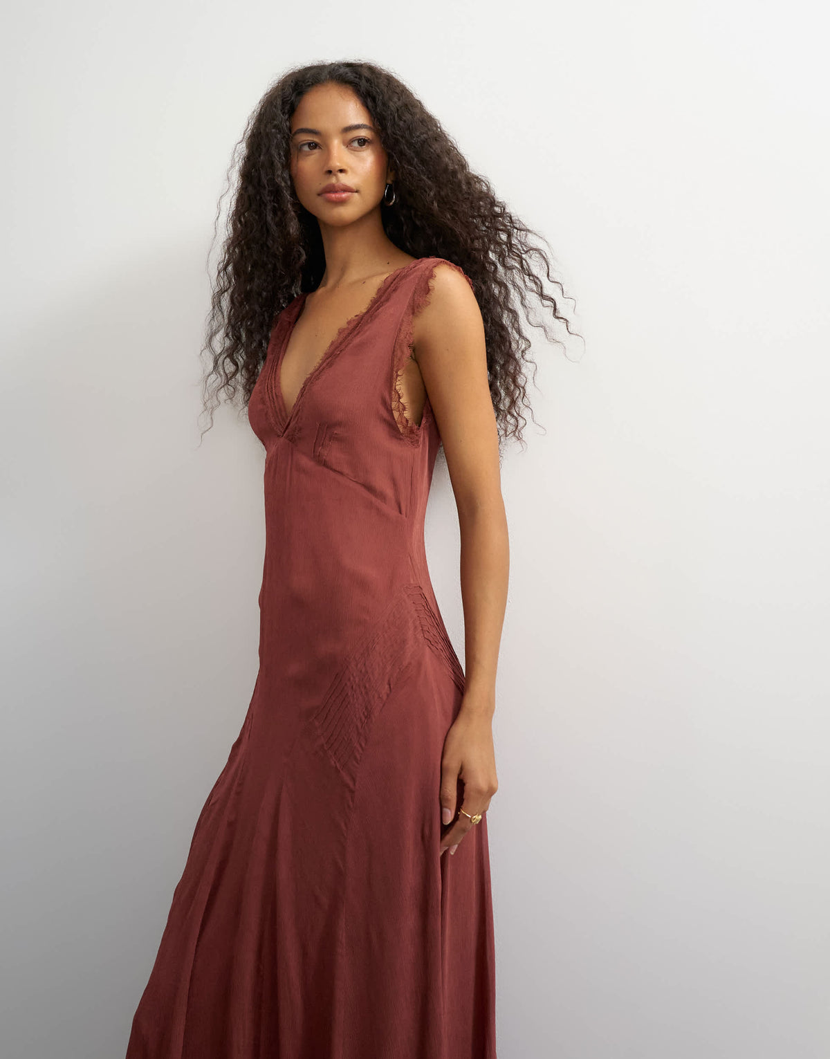 Topshop premium viscose lace insert pintucked maxi tea dress in rust