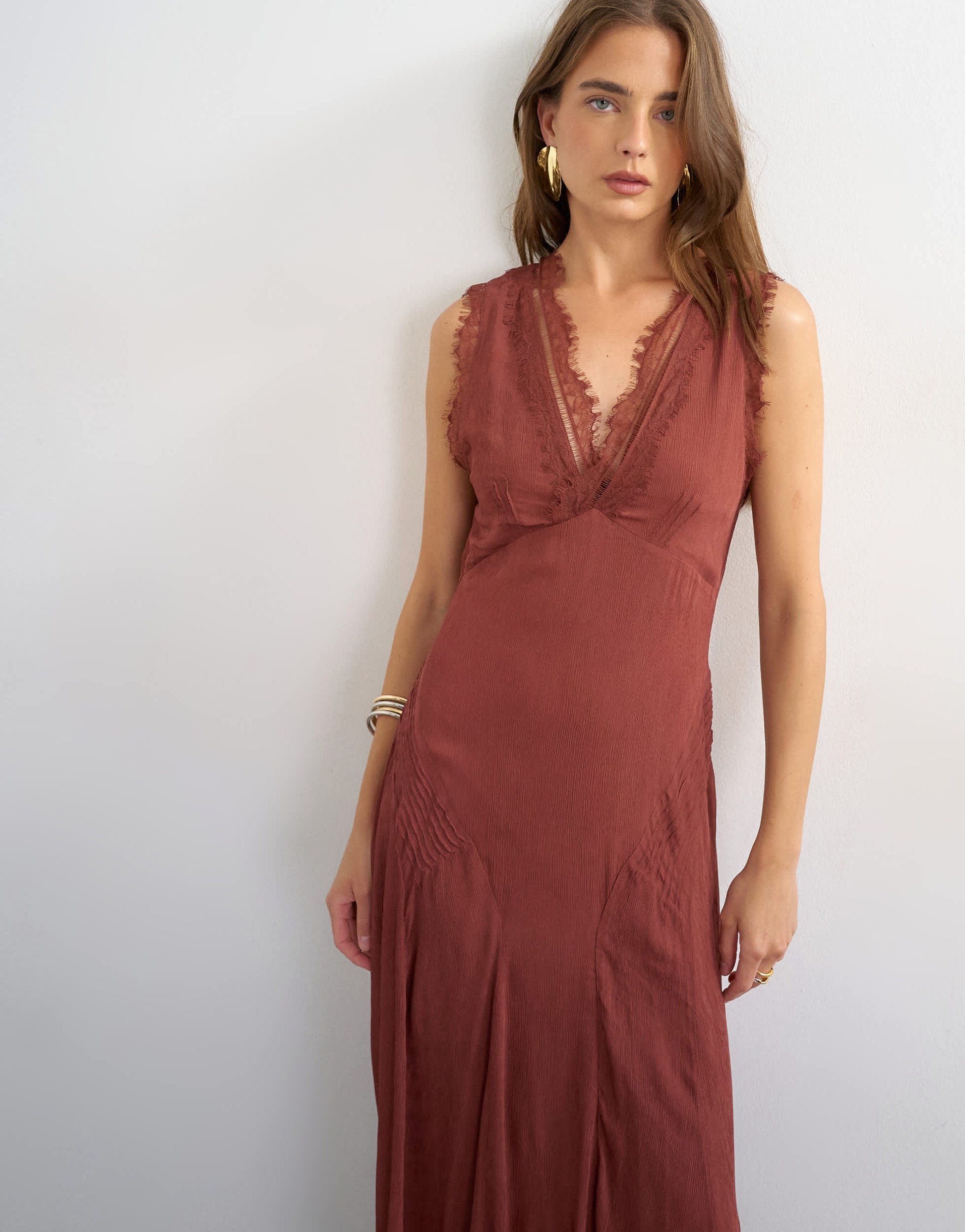Topshop premium viscose lace insert pintucked maxi tea dress in rust