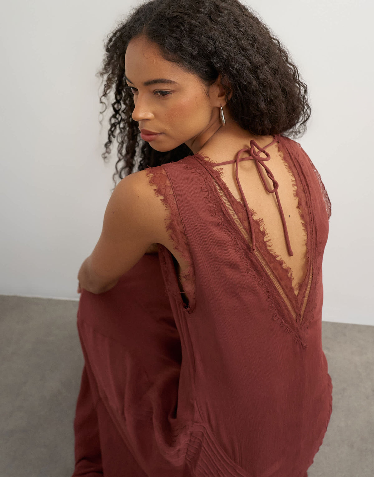 Topshop premium viscose lace insert pintucked maxi tea dress in rust