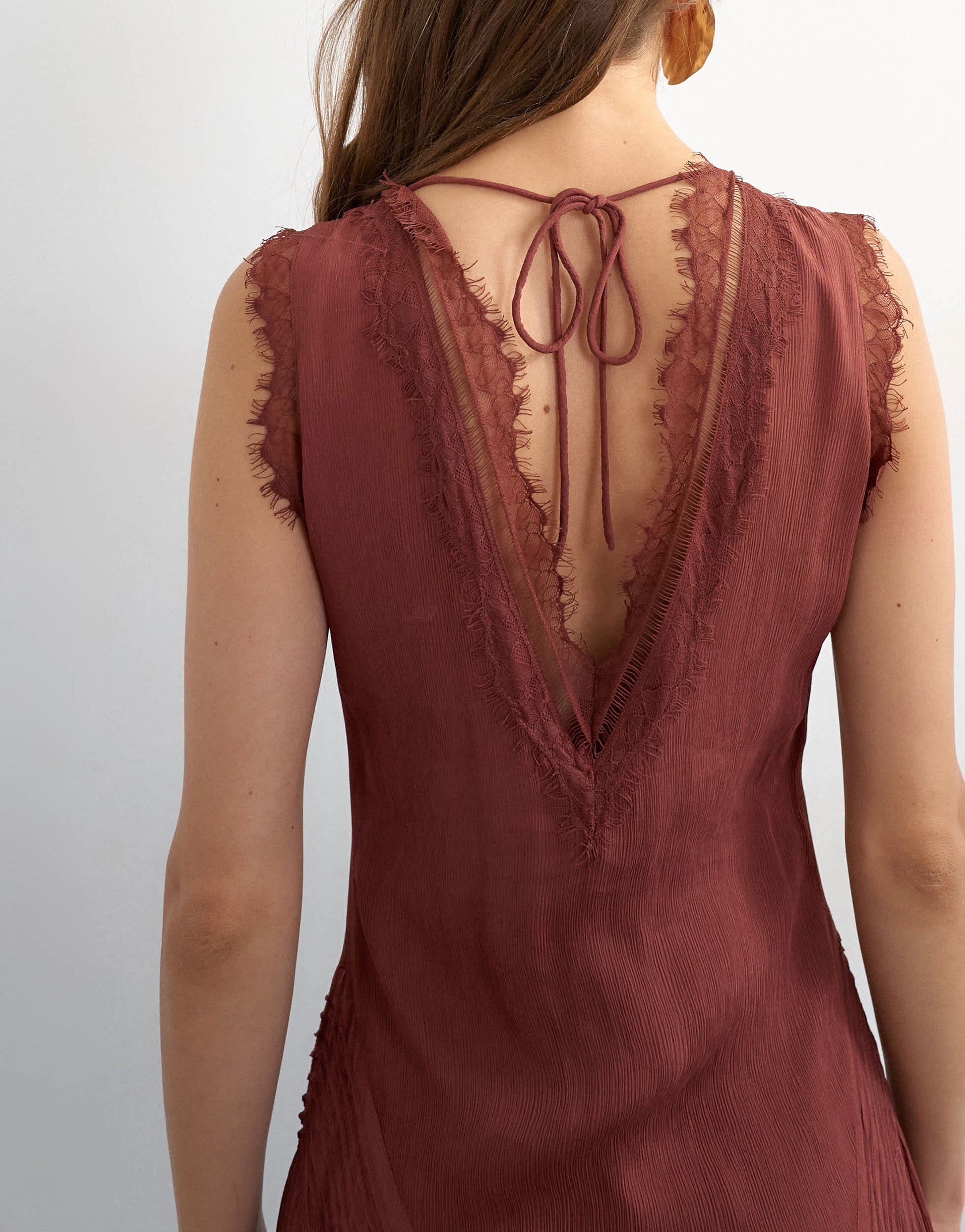 Topshop premium viscose lace insert pintucked maxi tea dress in rust
