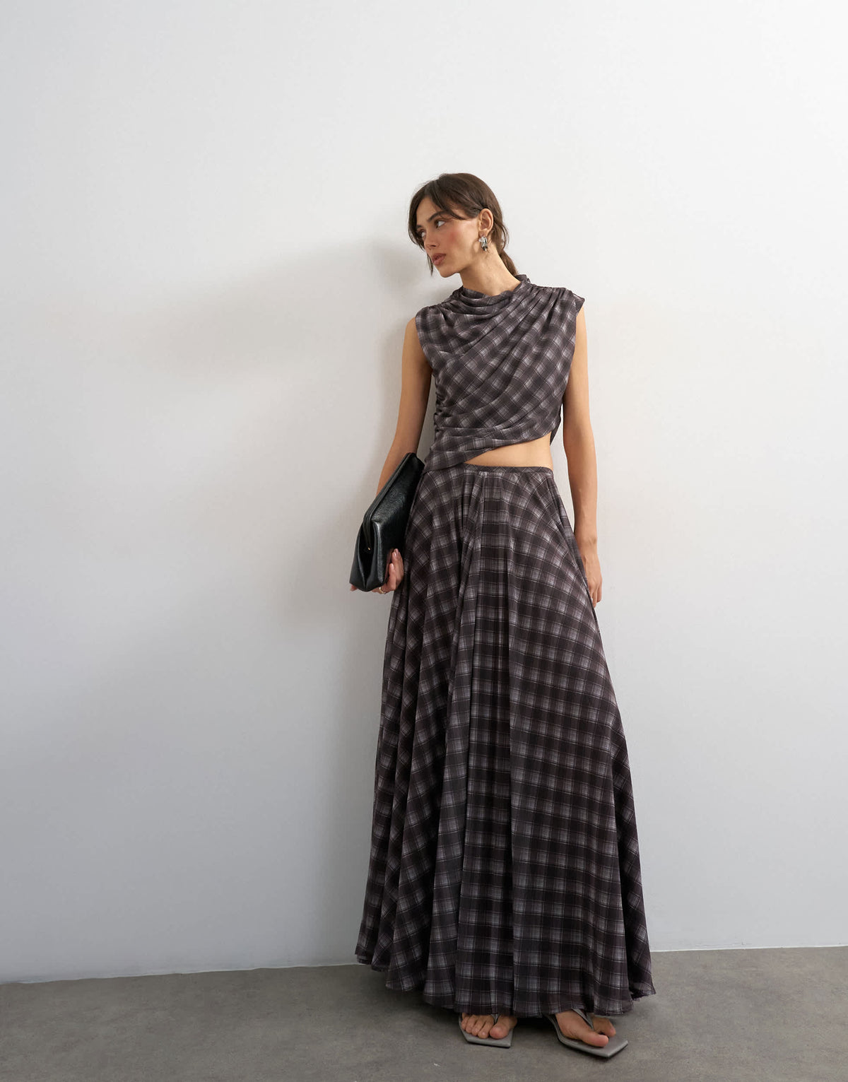 Topshop co-ord full circle chiffon maxi skirt in purple check print