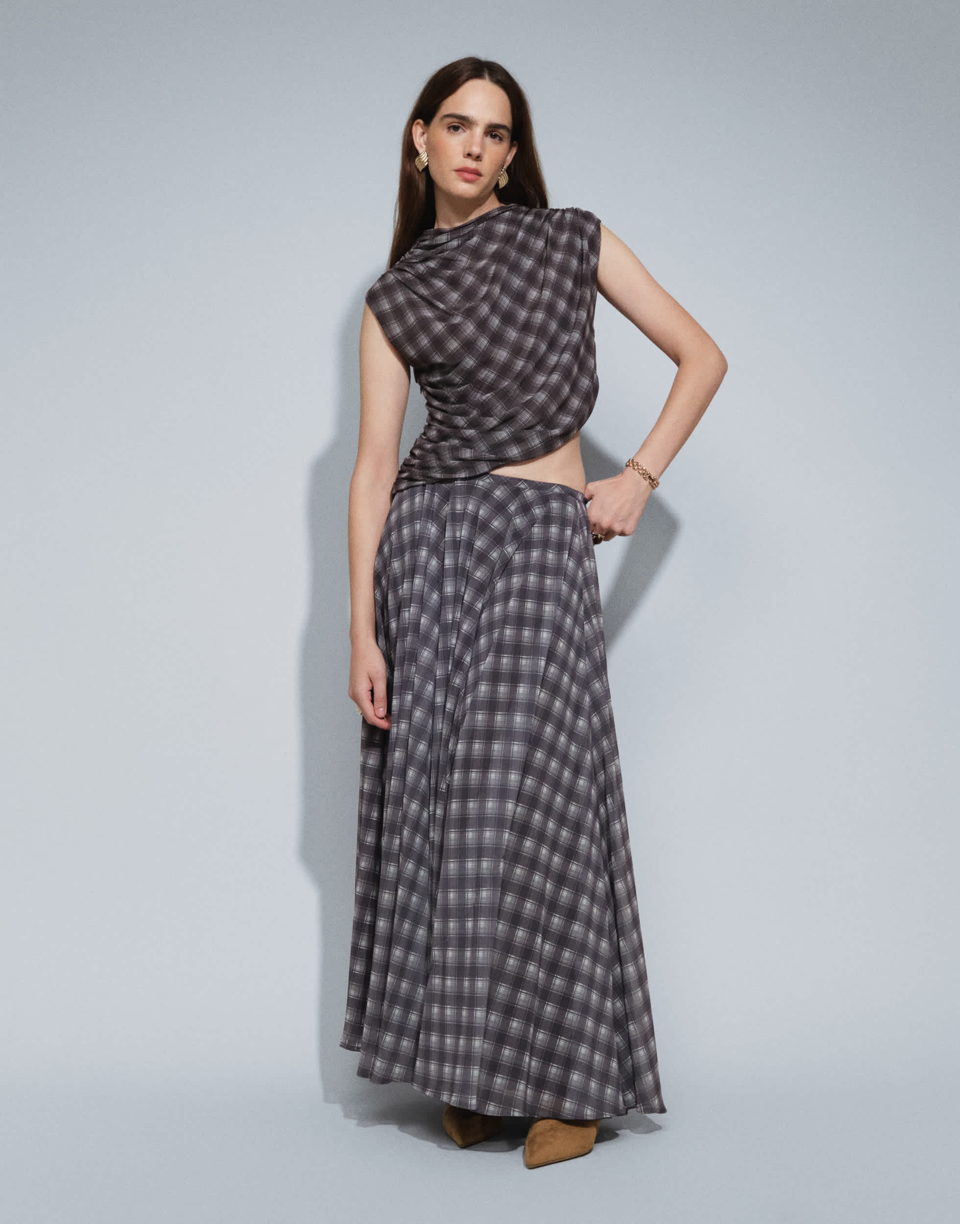 Topshop co-ord full circle chiffon maxi skirt in purple check print