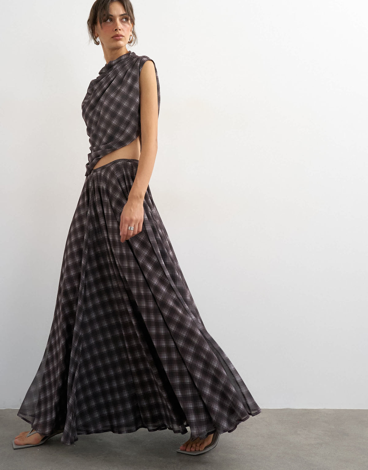 Topshop co-ord full circle chiffon maxi skirt in purple check print