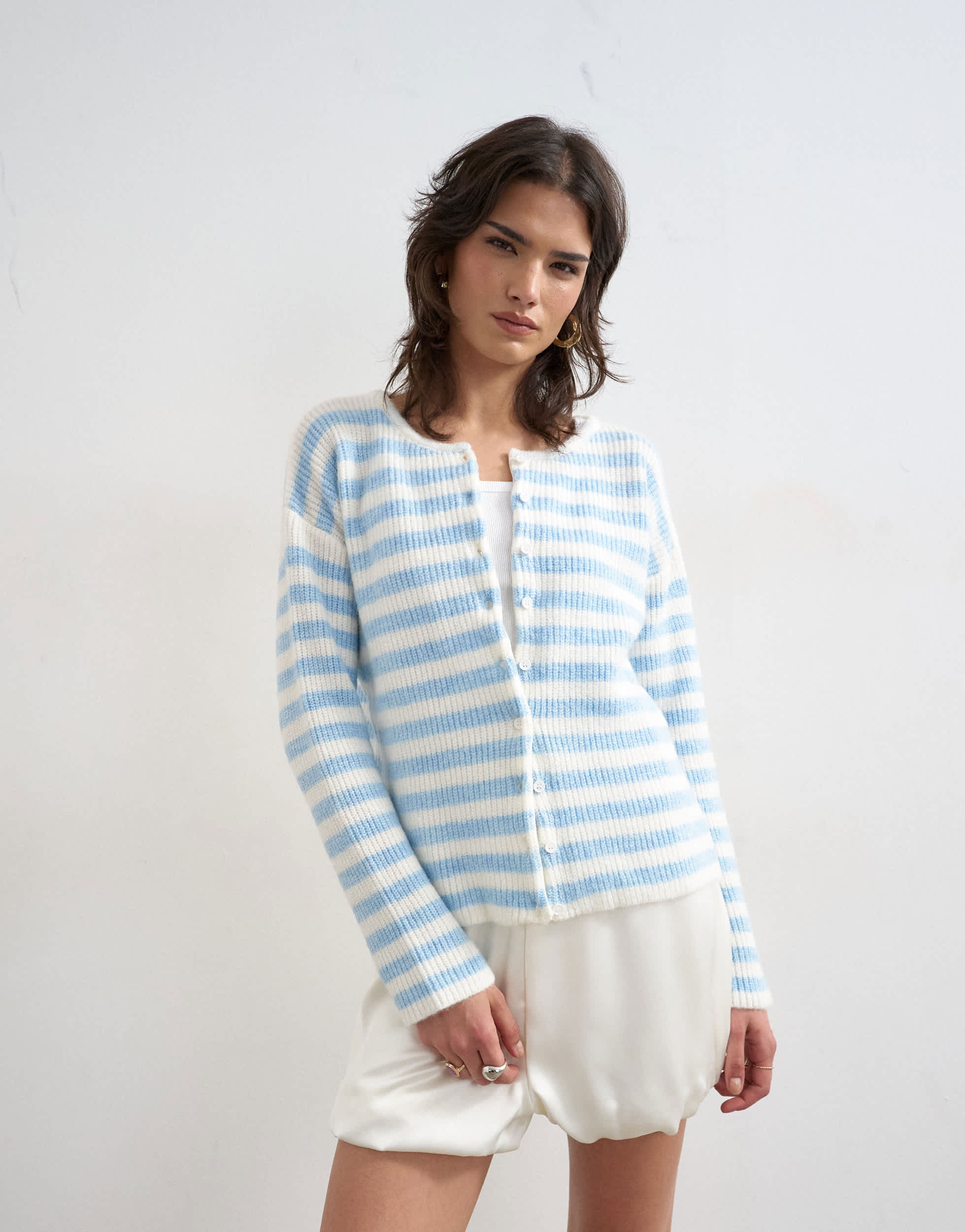 Topshop leichter gerippter Strick-Cardigan mit Streifen und lässiger Passform in Blau und Ecru