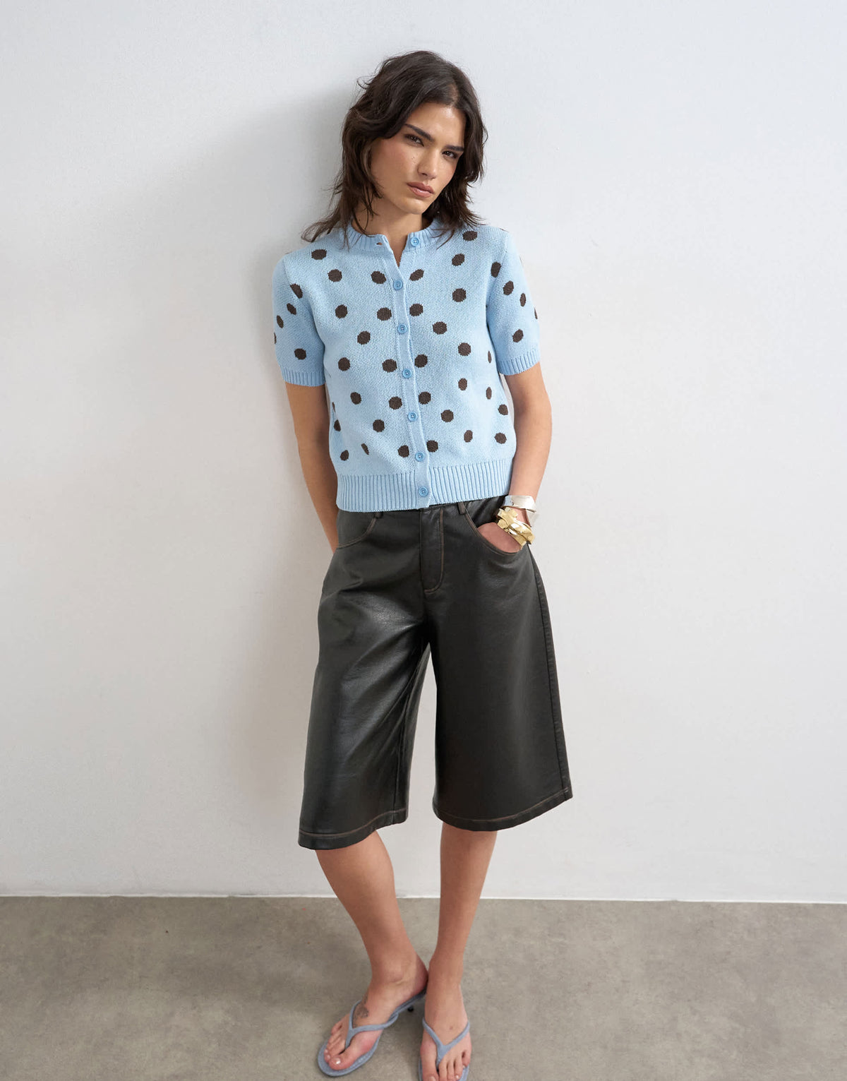 Topshop knitted short sleeve polka dot cardigan in blue