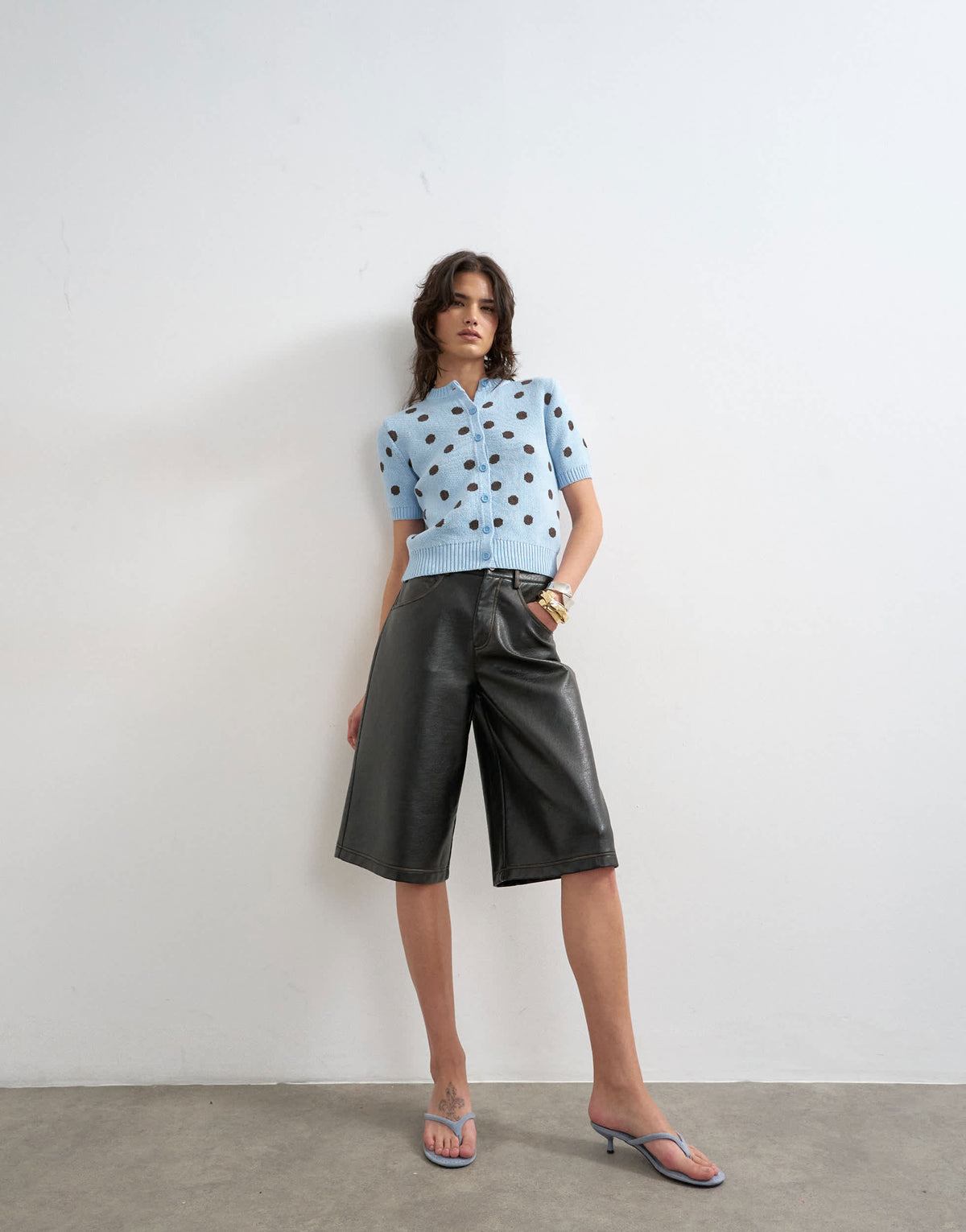 Topshop knitted short sleeve polka dot cardigan in blue