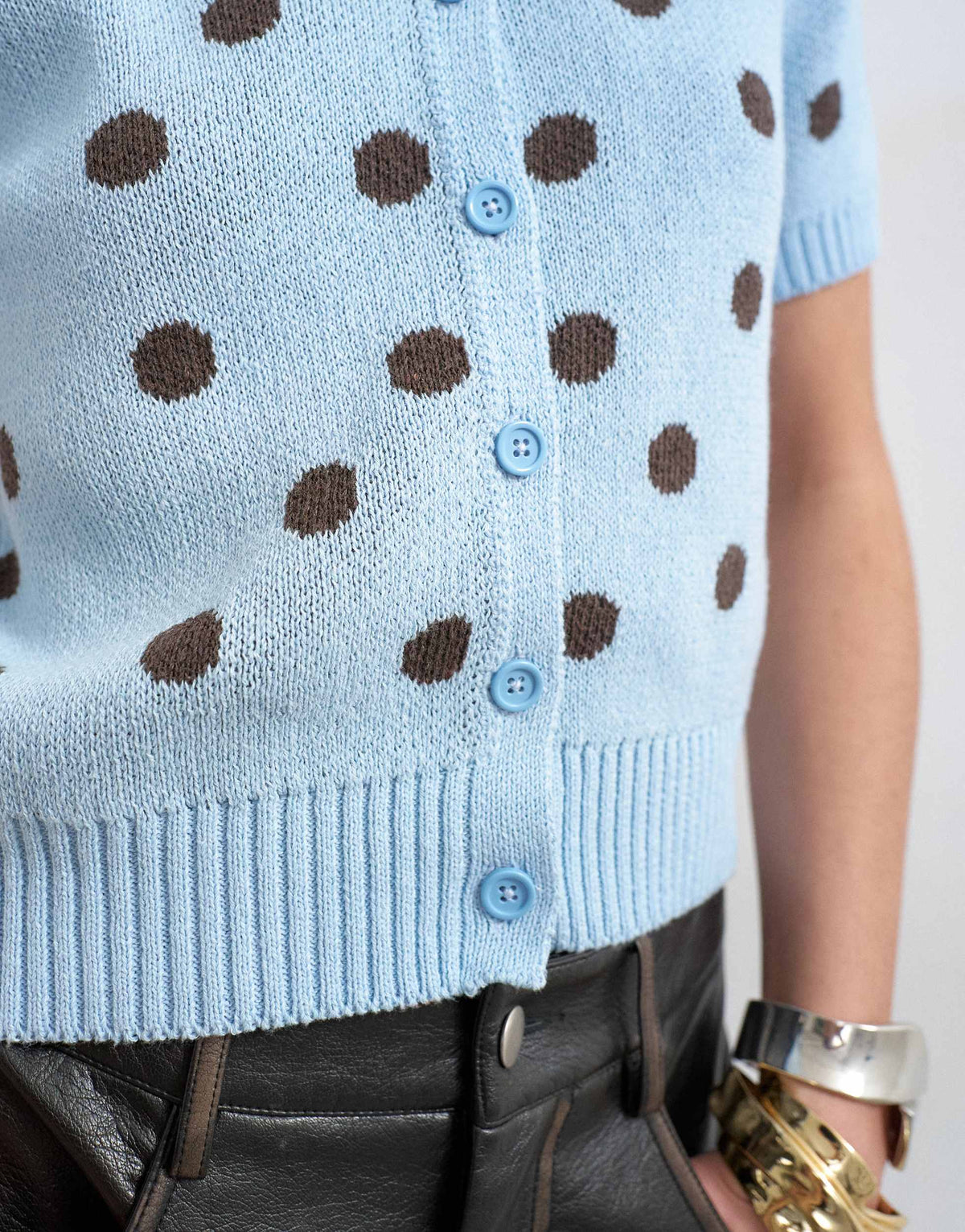 Topshop knitted short sleeve polka dot cardigan in blue