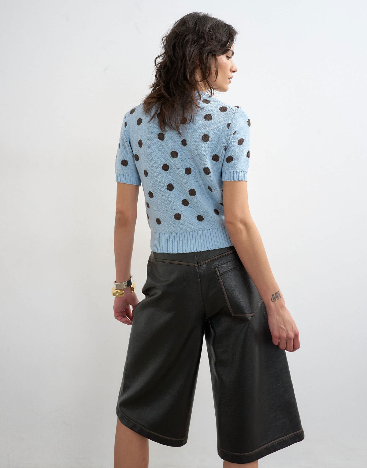 Topshop knitted short sleeve polka dot cardigan in blue