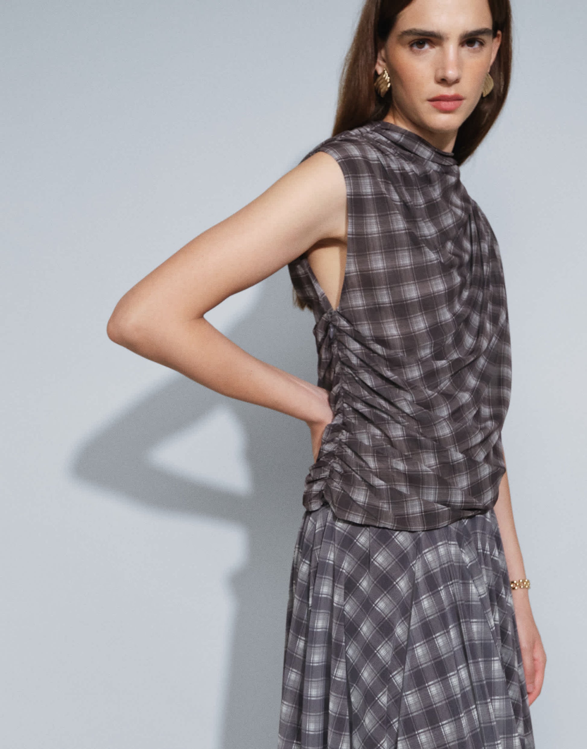 Topshop co-ord drape ruched side detail top in purple check print