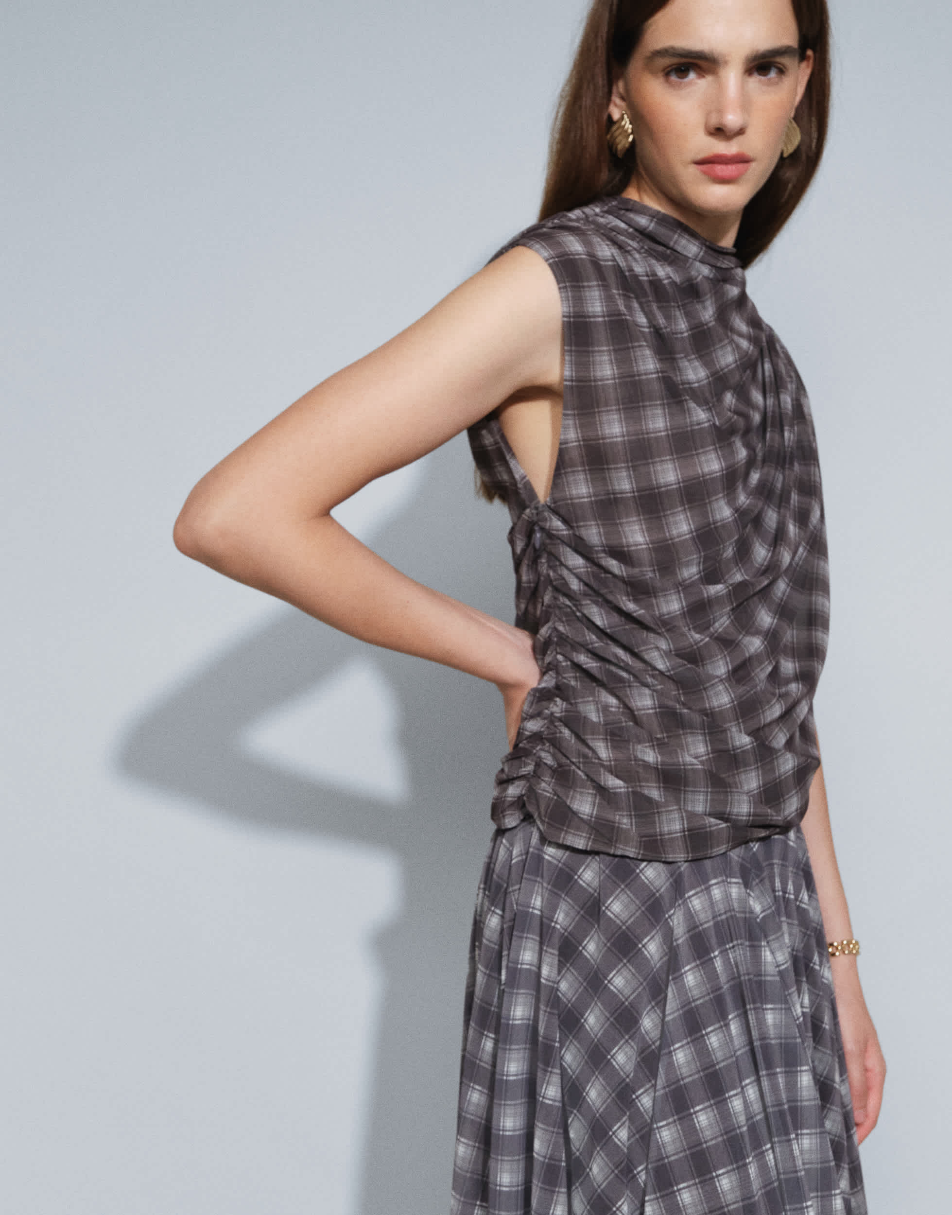 Topshop co-ord drape ruched side detail top in purple check print