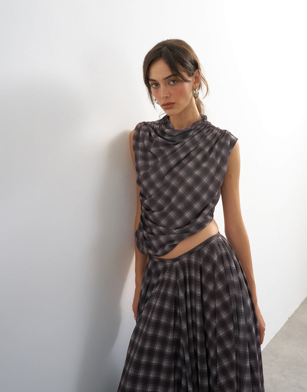 Topshop co-ord drape ruched side detail top in purple check print