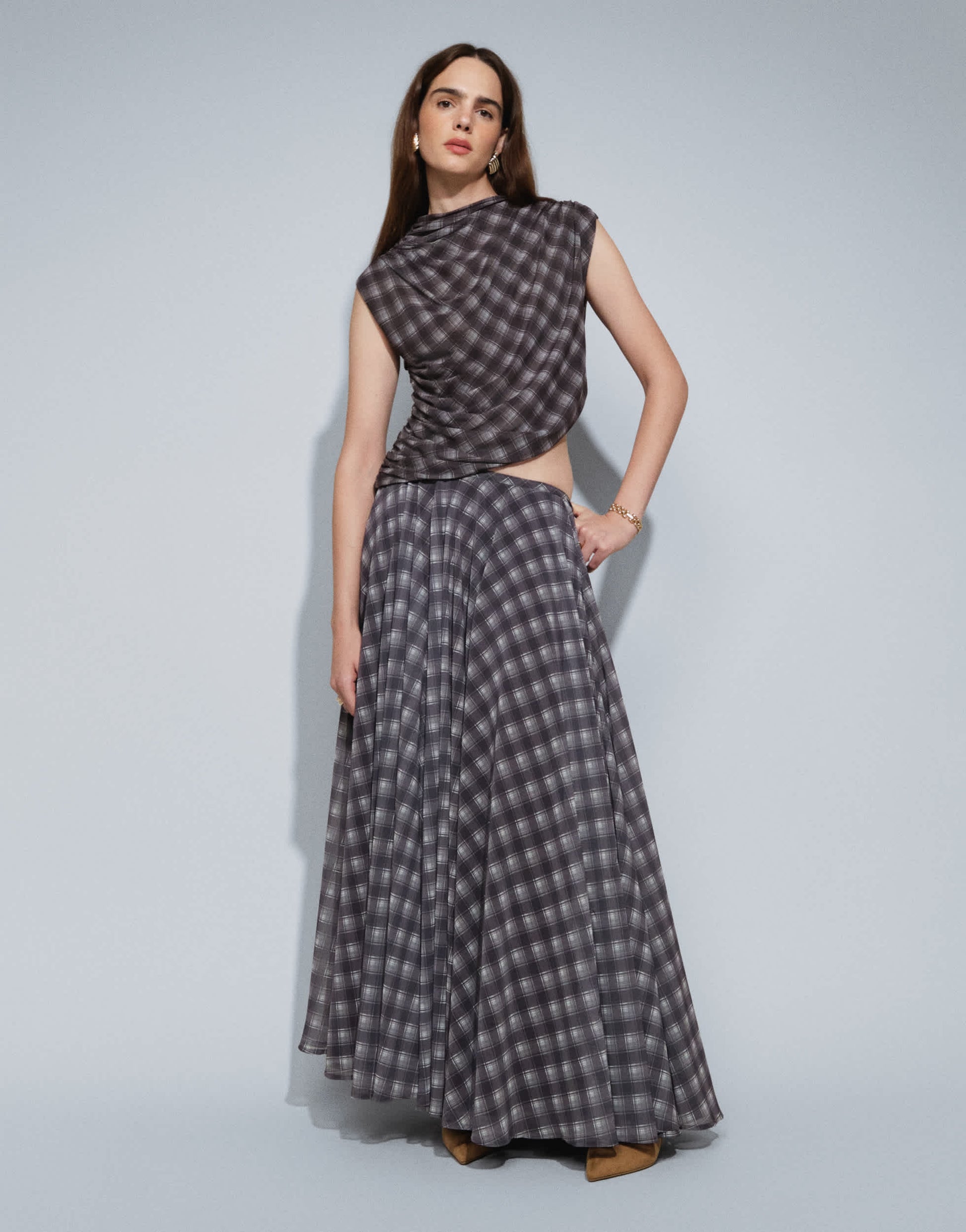 Topshop co-ord drape ruched side detail top in purple check print
