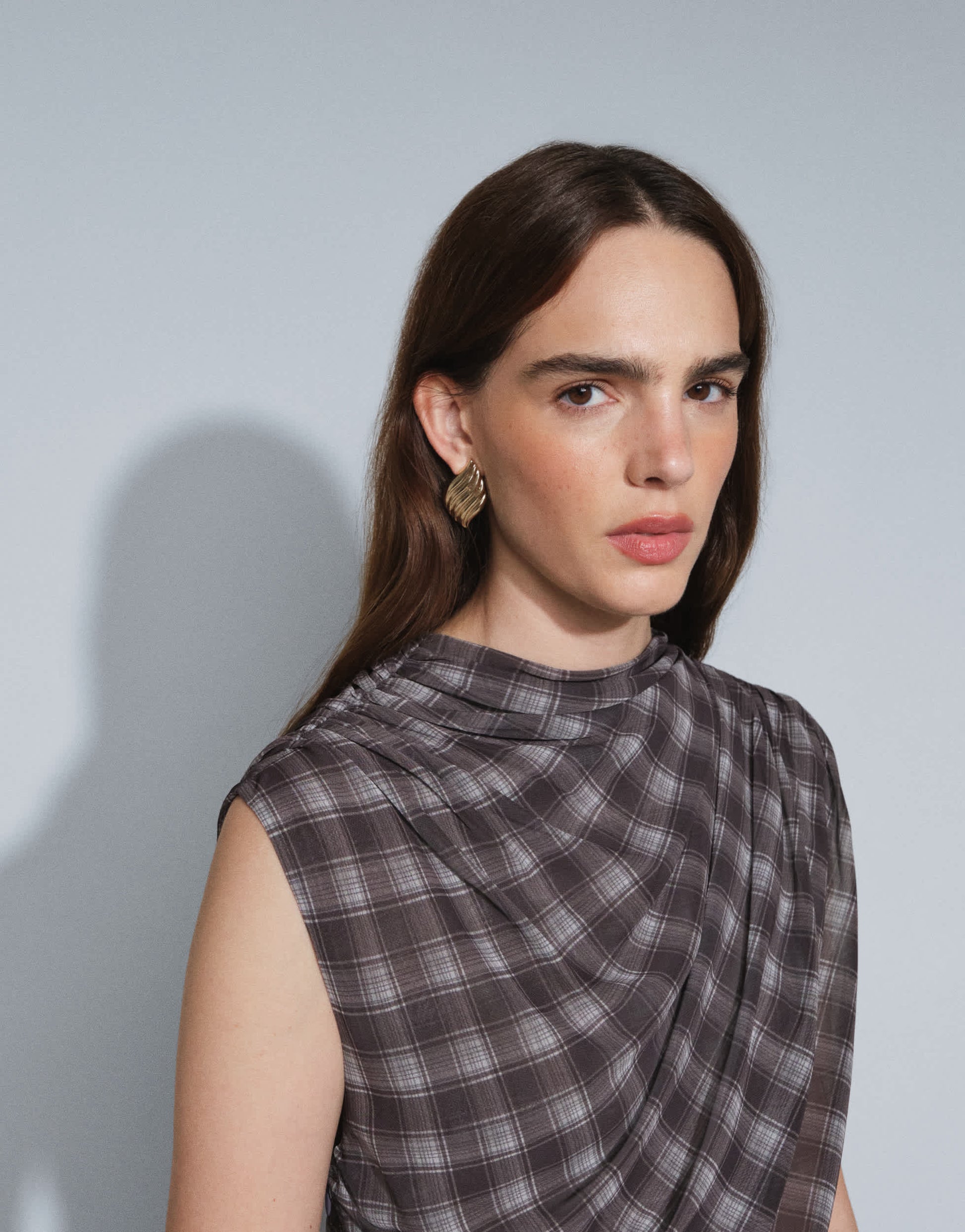 Topshop co-ord drape ruched side detail top in purple check print