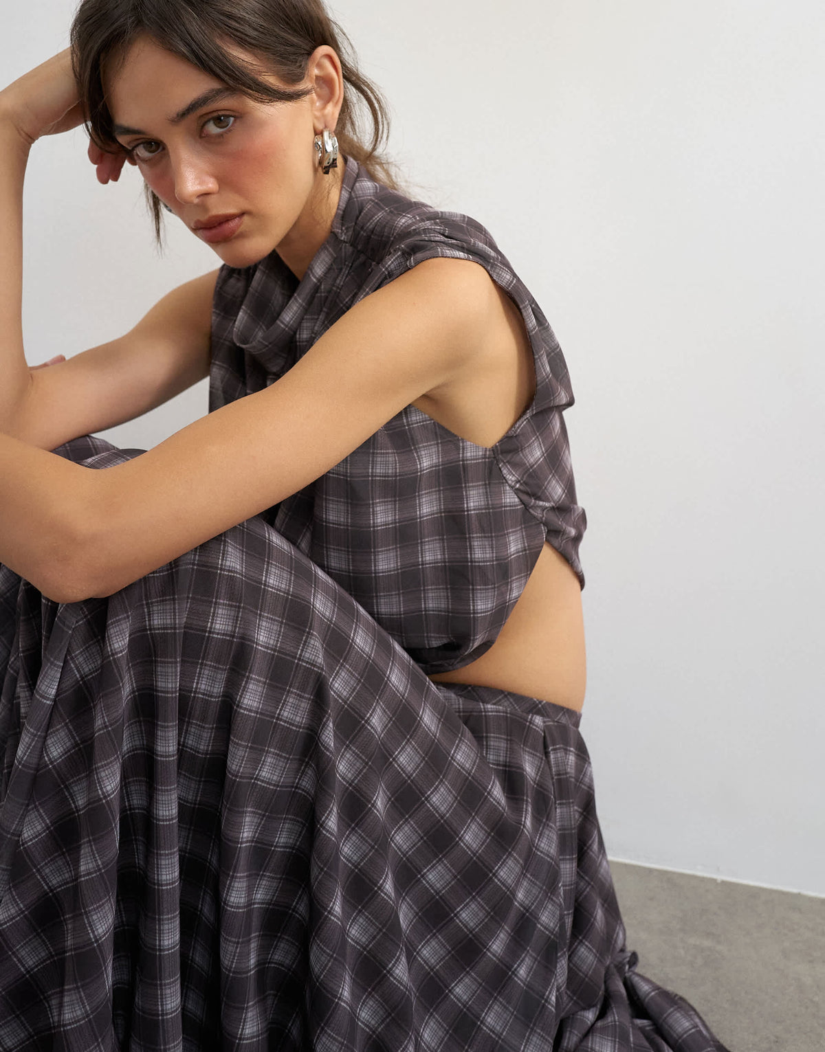 Topshop co-ord drape ruched side detail top in purple check print