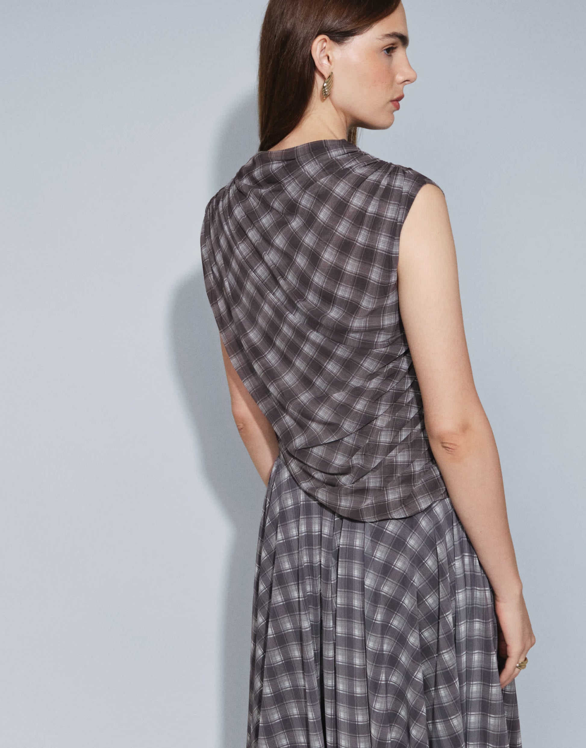 Topshop co-ord drape ruched side detail top in purple check print