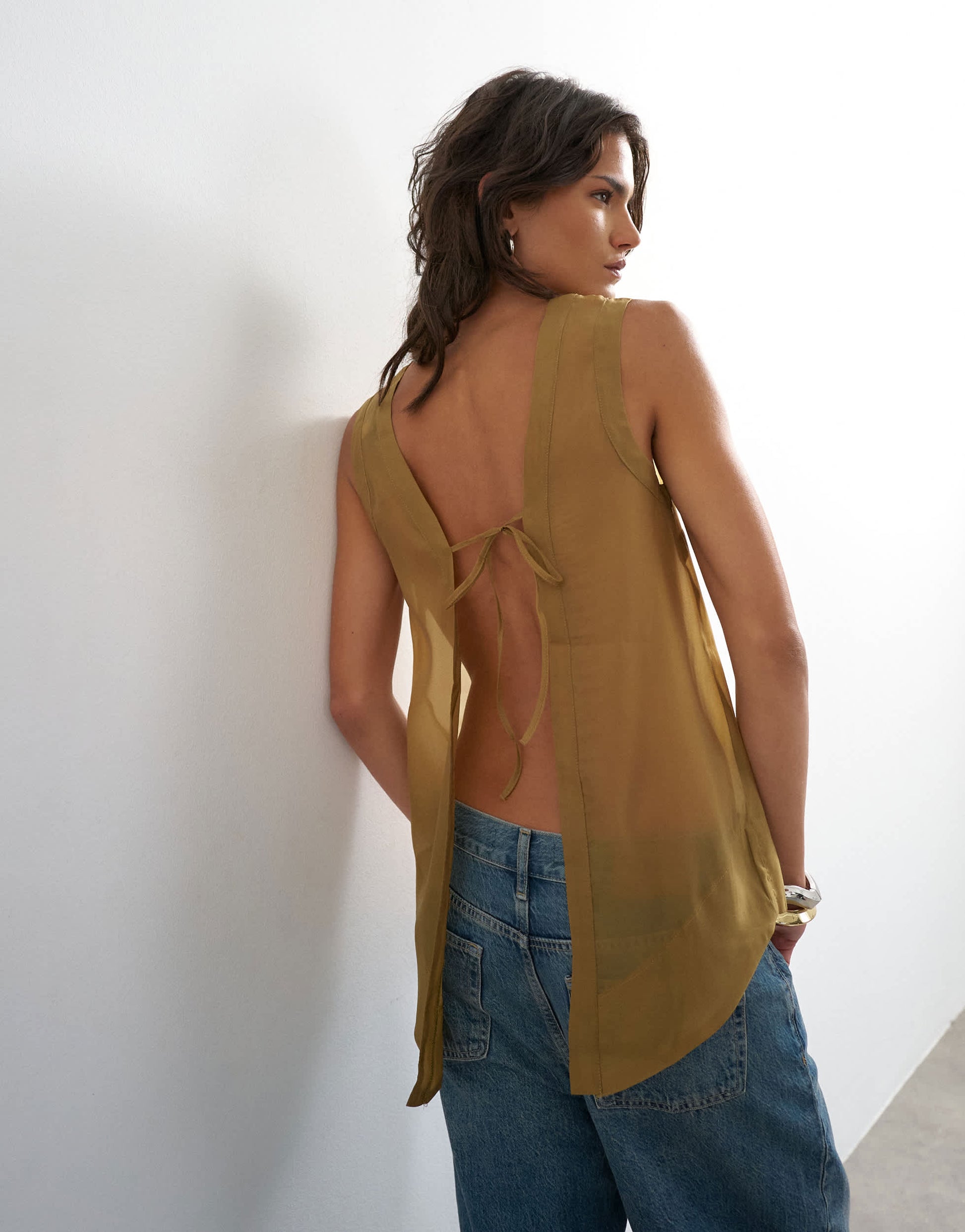 Topshop tie back sleeveless organza top in khaki
