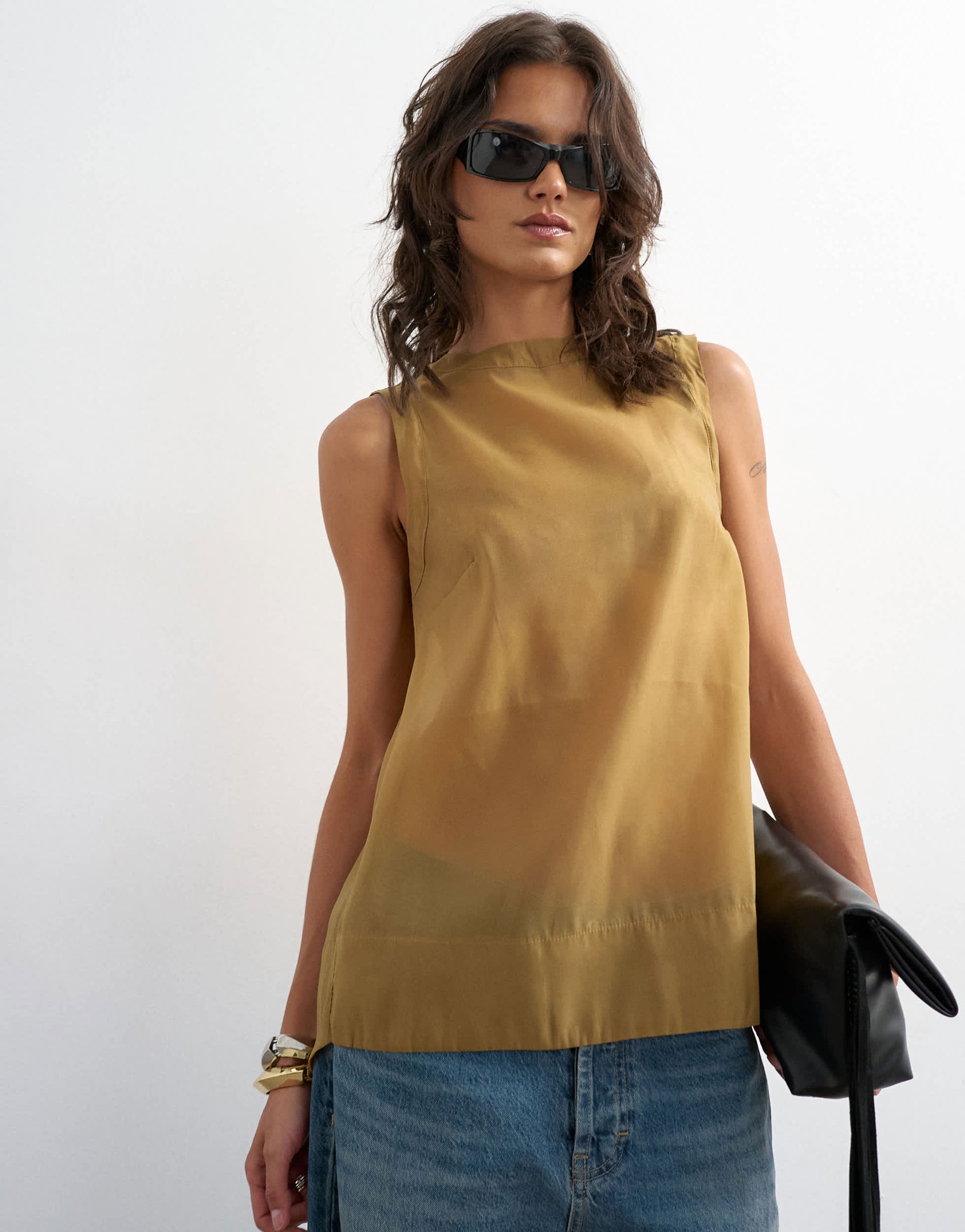 Topshop tie back sleeveless organza top in khaki