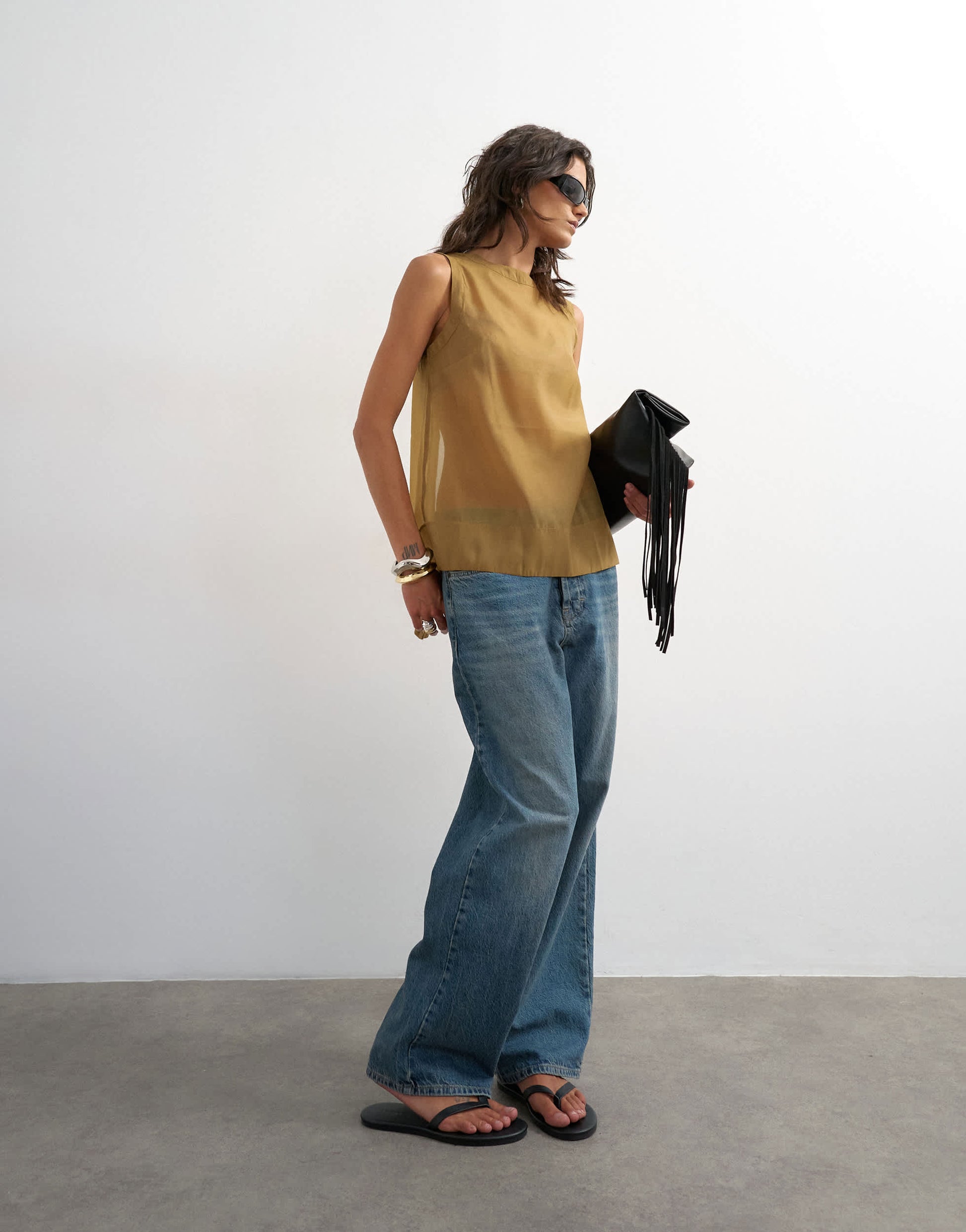 Topshop tie back sleeveless organza top in khaki