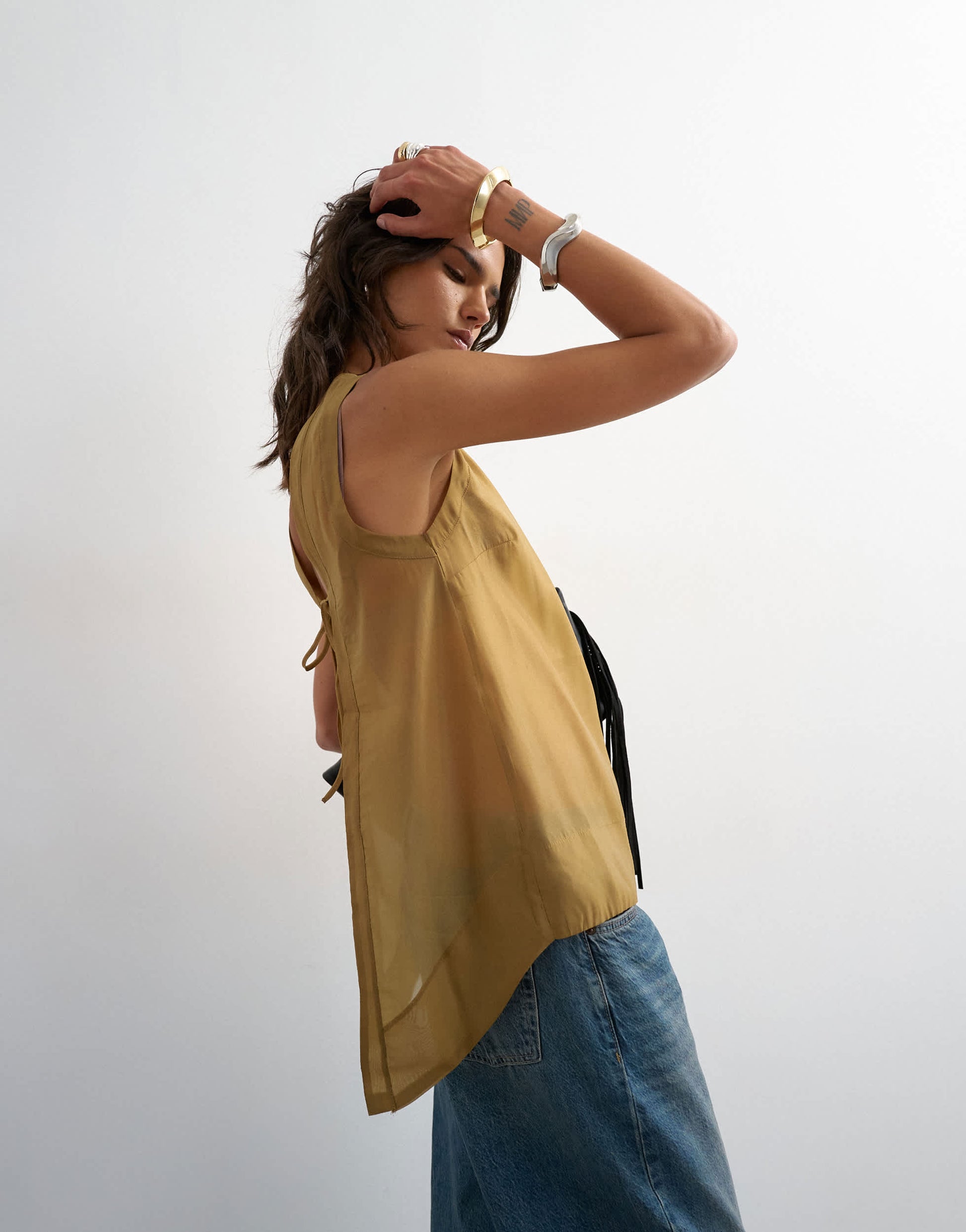 Topshop tie back sleeveless organza top in khaki