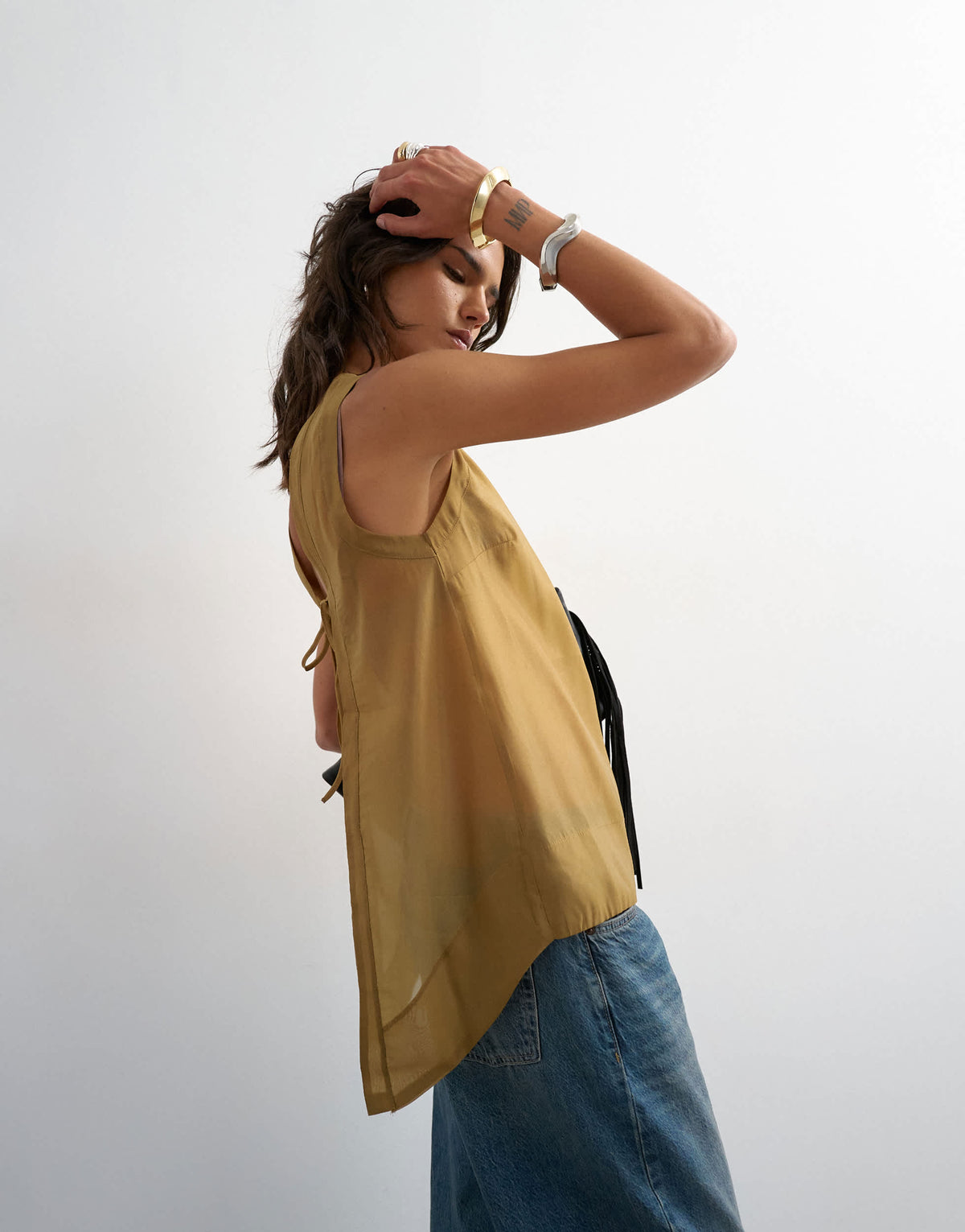 Topshop tie back sleeveless organza top in khaki