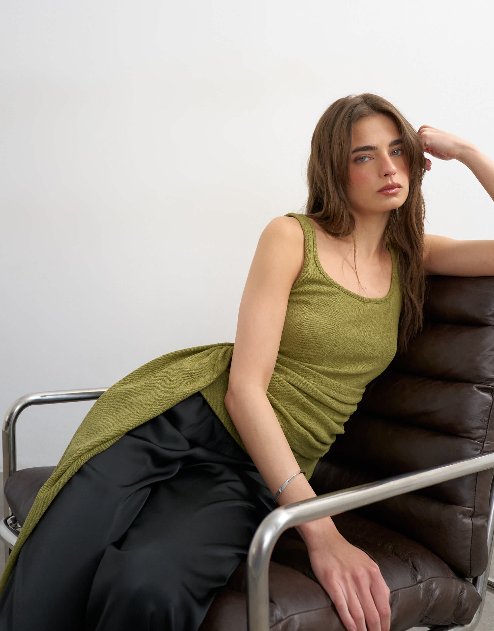 Topshop tie drape waist detail vest in olive green