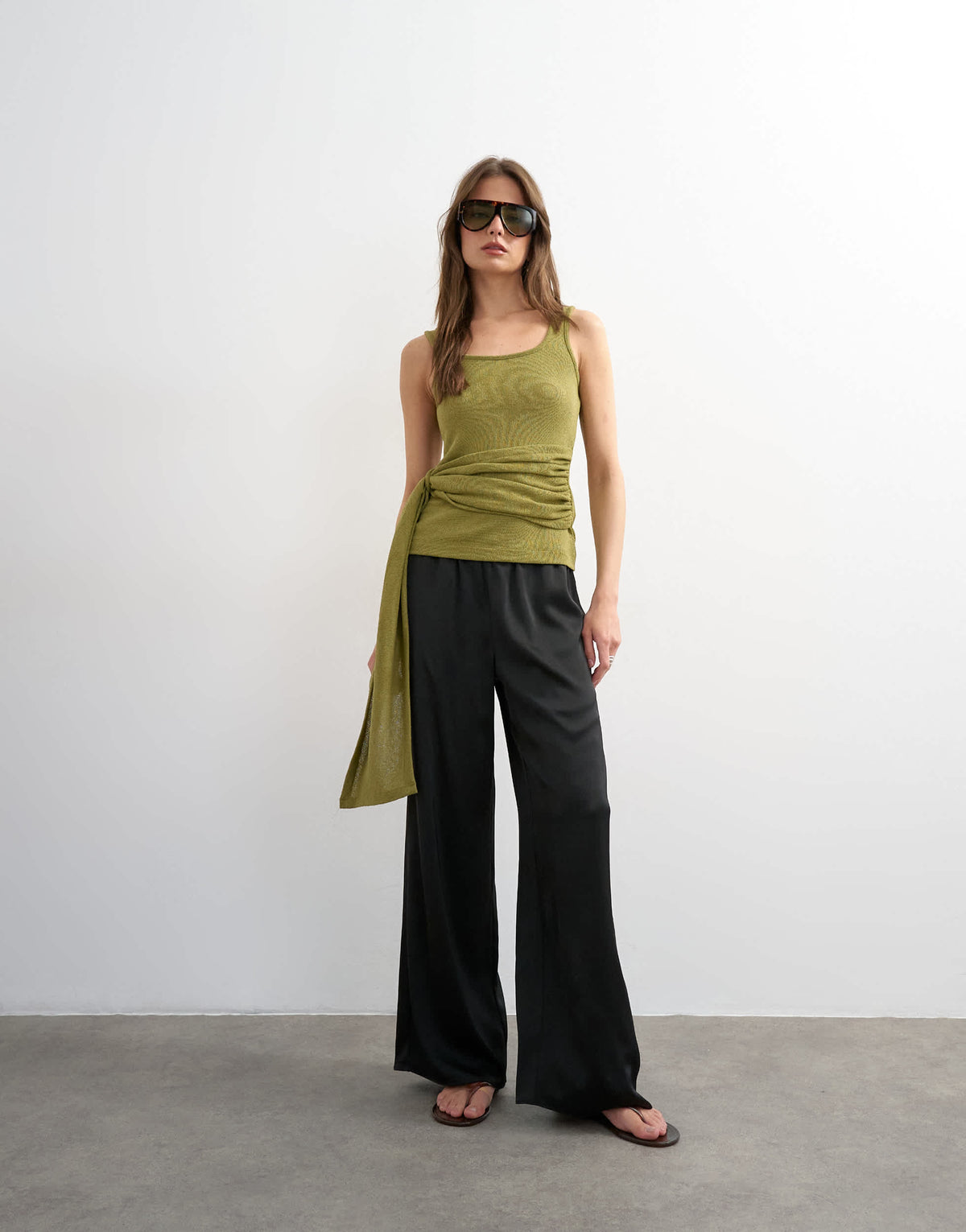 Topshop tie drape waist detail vest in olive green