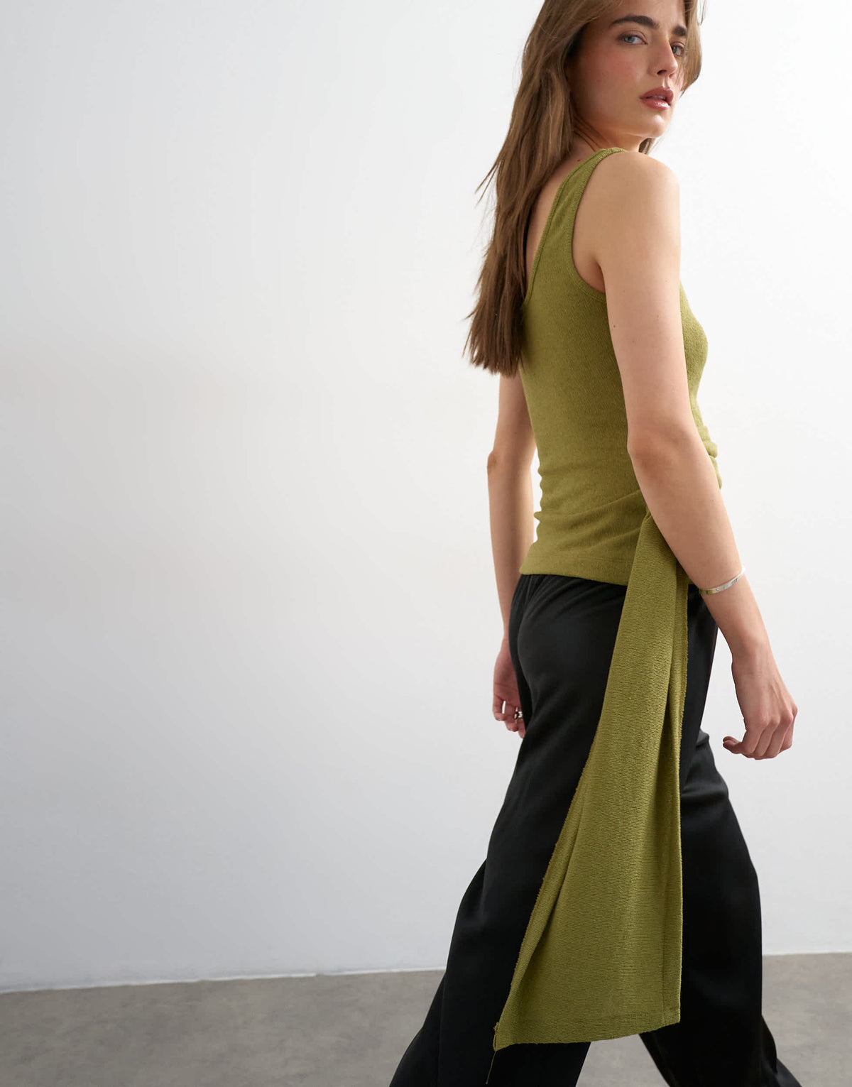 Topshop tie drape waist detail vest in olive green