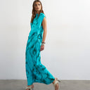 Topshop satin grown on neck tuck side maxi dress with open back in aqua floral