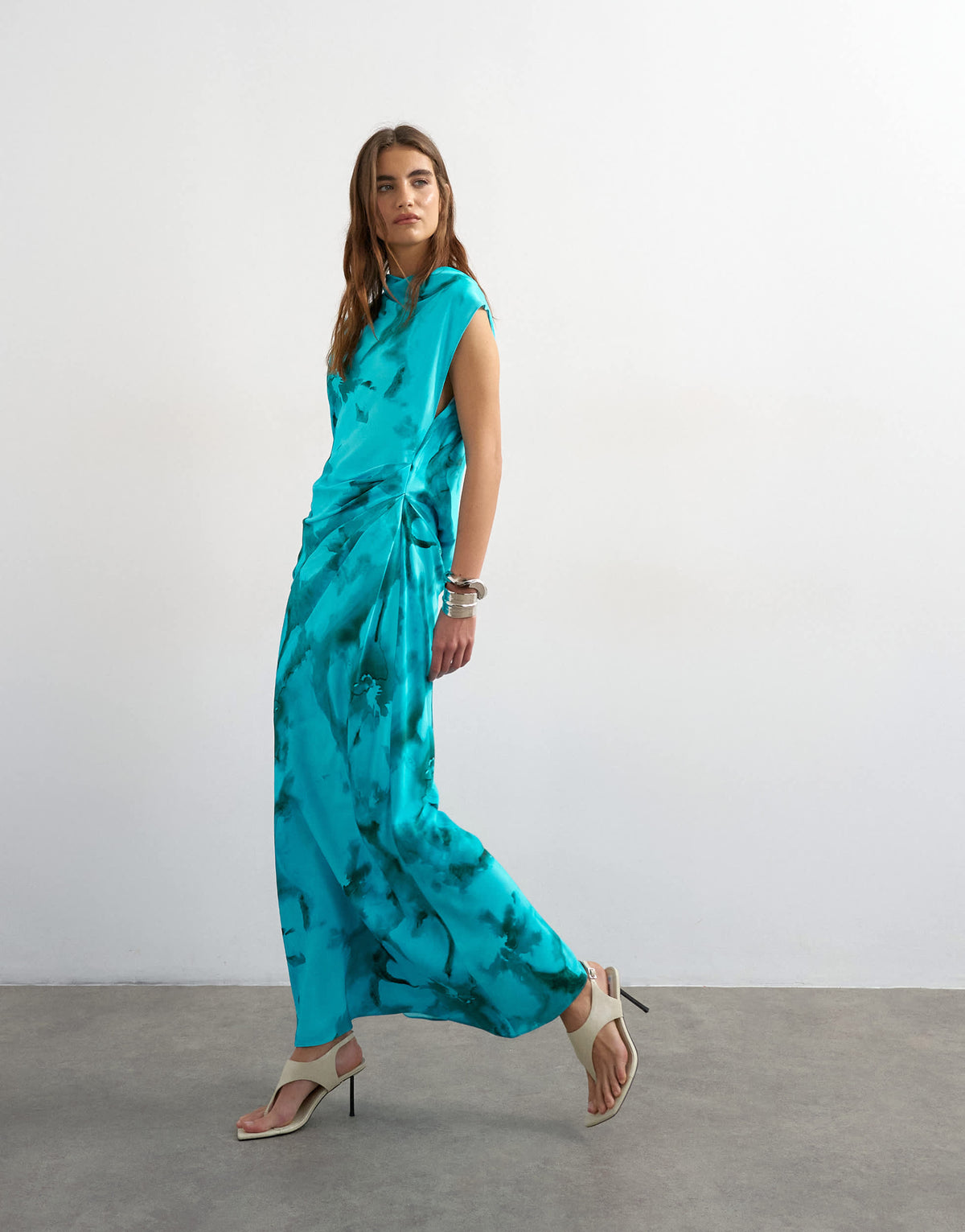 Topshop satin grown on neck tuck side maxi dress with open back in aqua floral