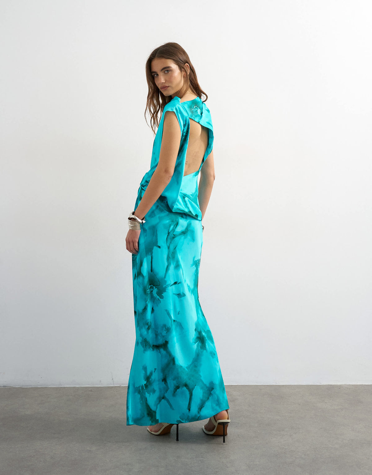 Topshop satin grown on neck tuck side maxi dress with open back in aqua floral