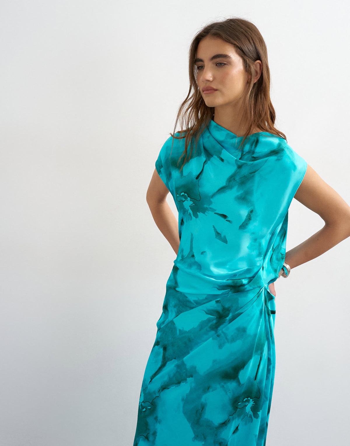 Topshop satin grown on neck tuck side maxi dress with open back in aqua floral