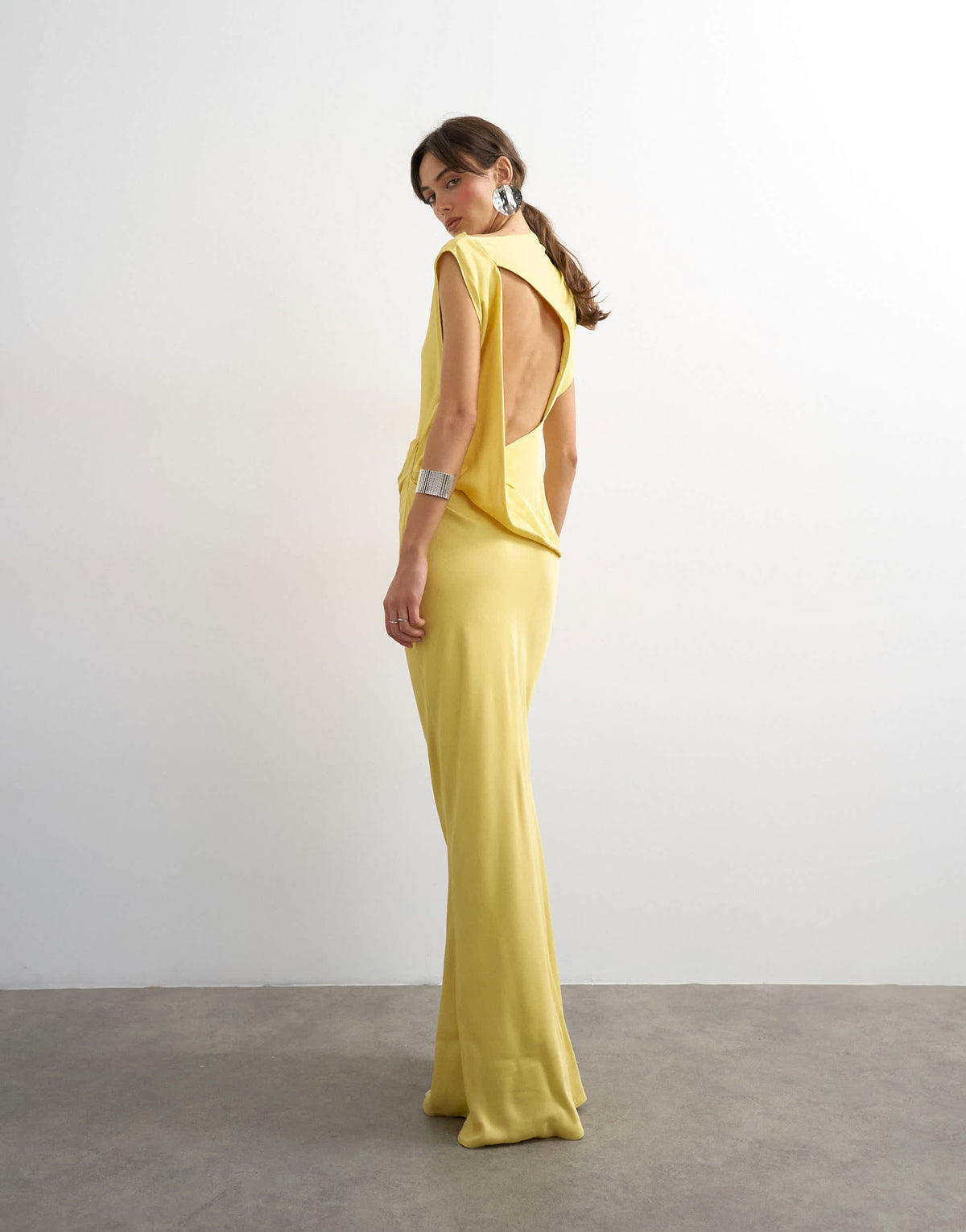 Topshop satin grown on neck tuck side maxi dress with open back in yellow